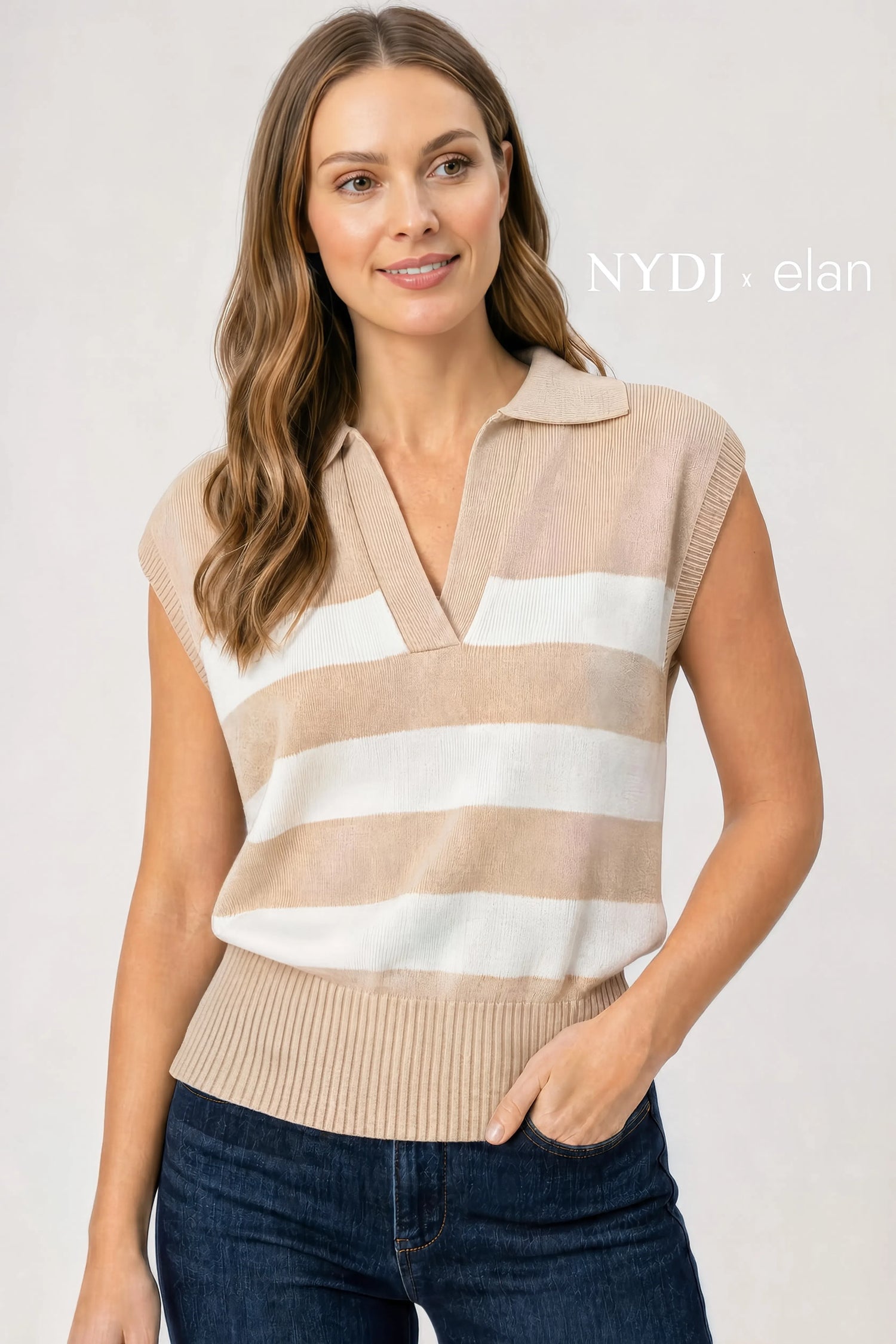 NYDJ NYDJ X Elan Sleeveless Striped Top  - Beige Stripe