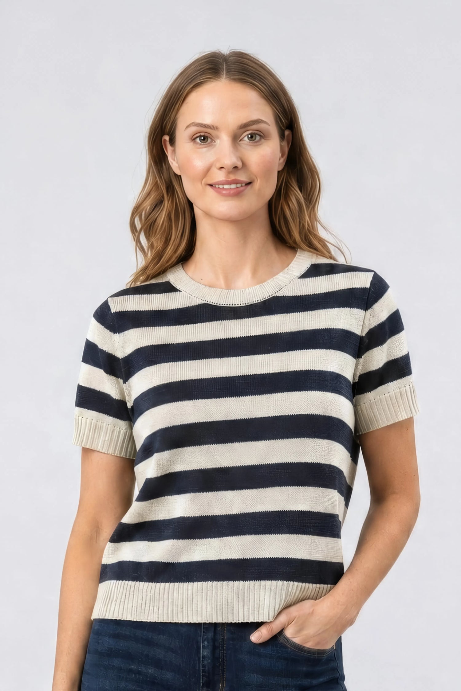 NYDJ Short Sleeved Striped Top  - Blue Stripe