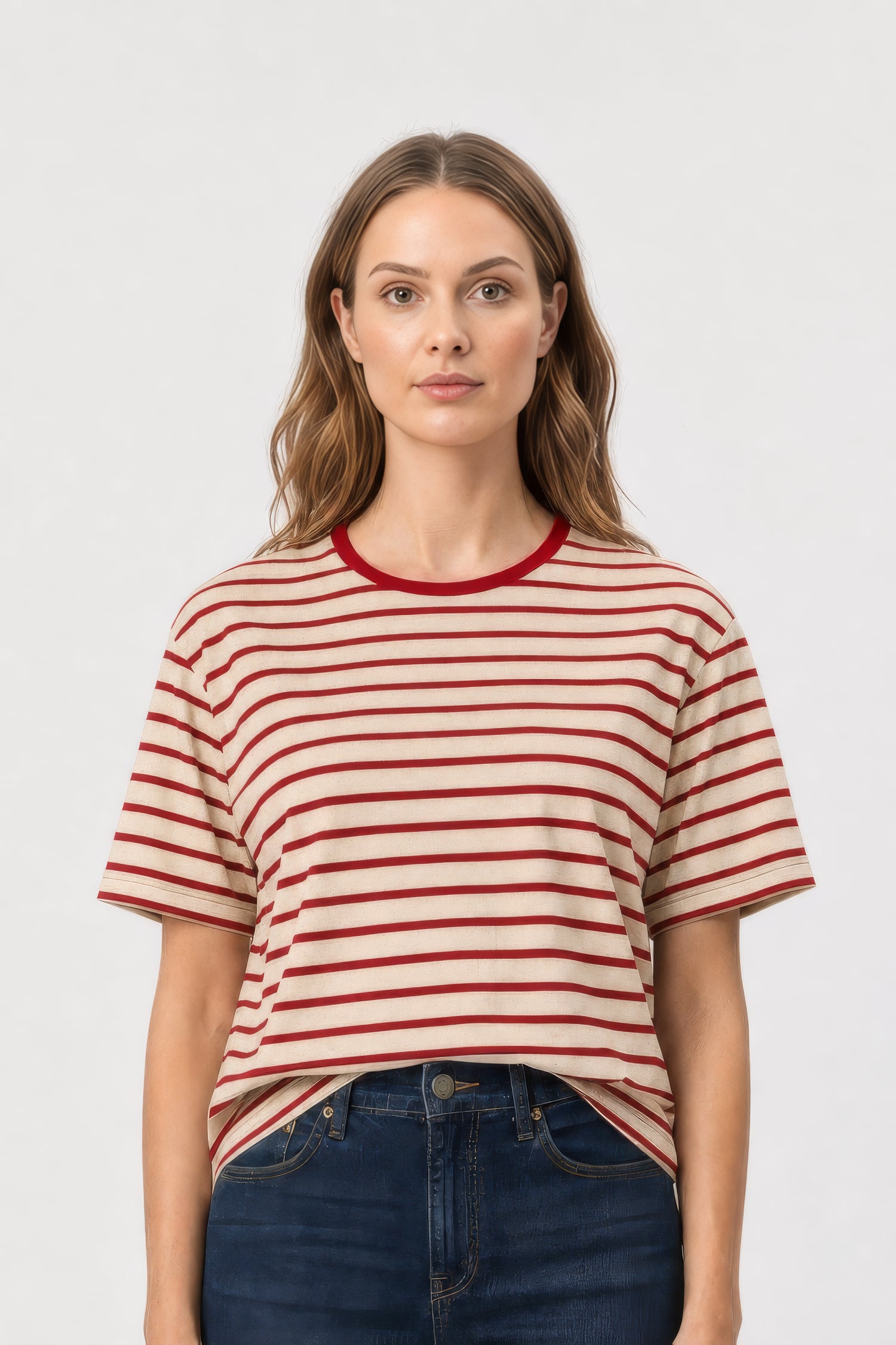 NYDJ Striped Ringer Tee In Stretch Linen - Red Stripe