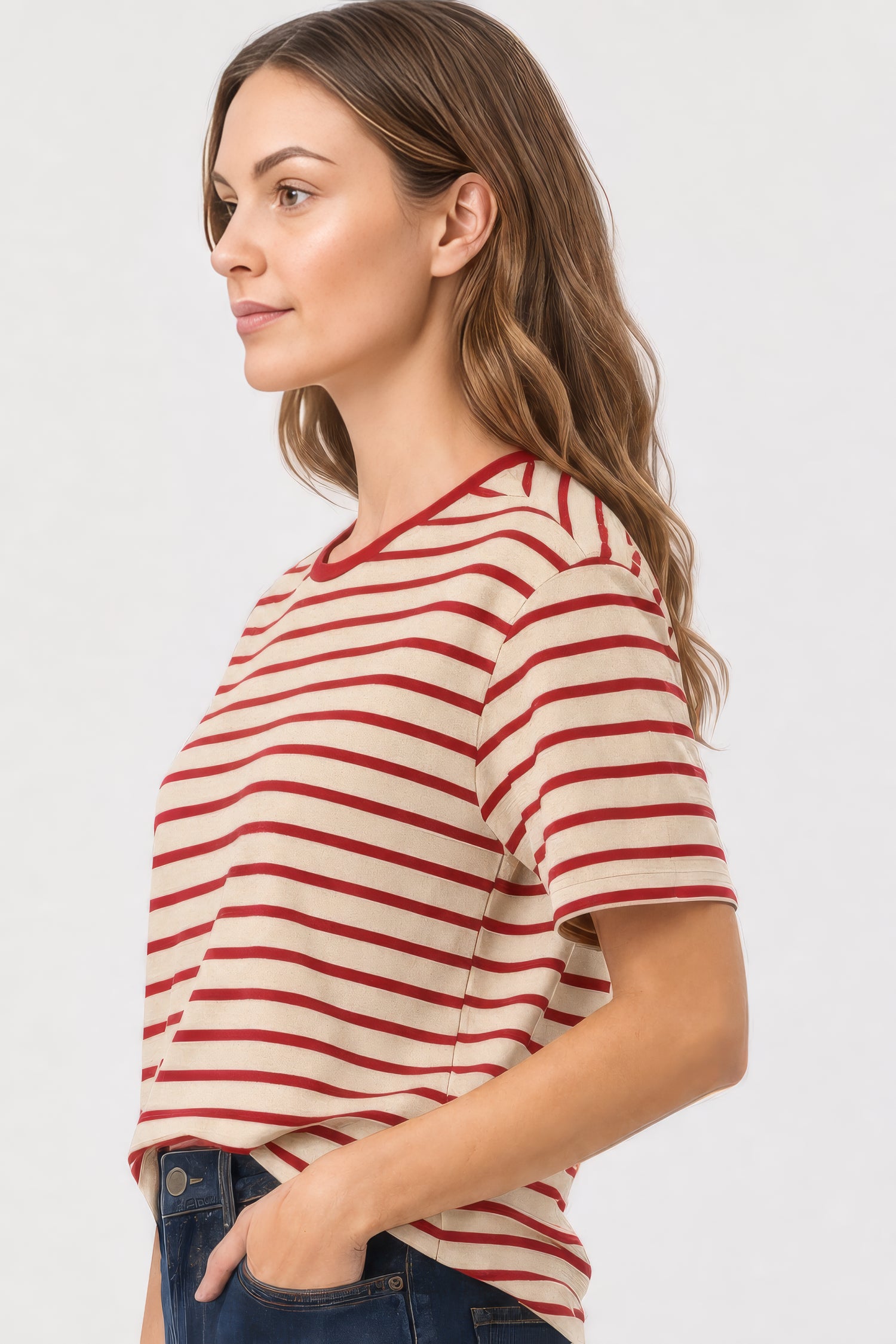 NYDJ Striped Ringer Tee In Stretch Linen - Red Stripe