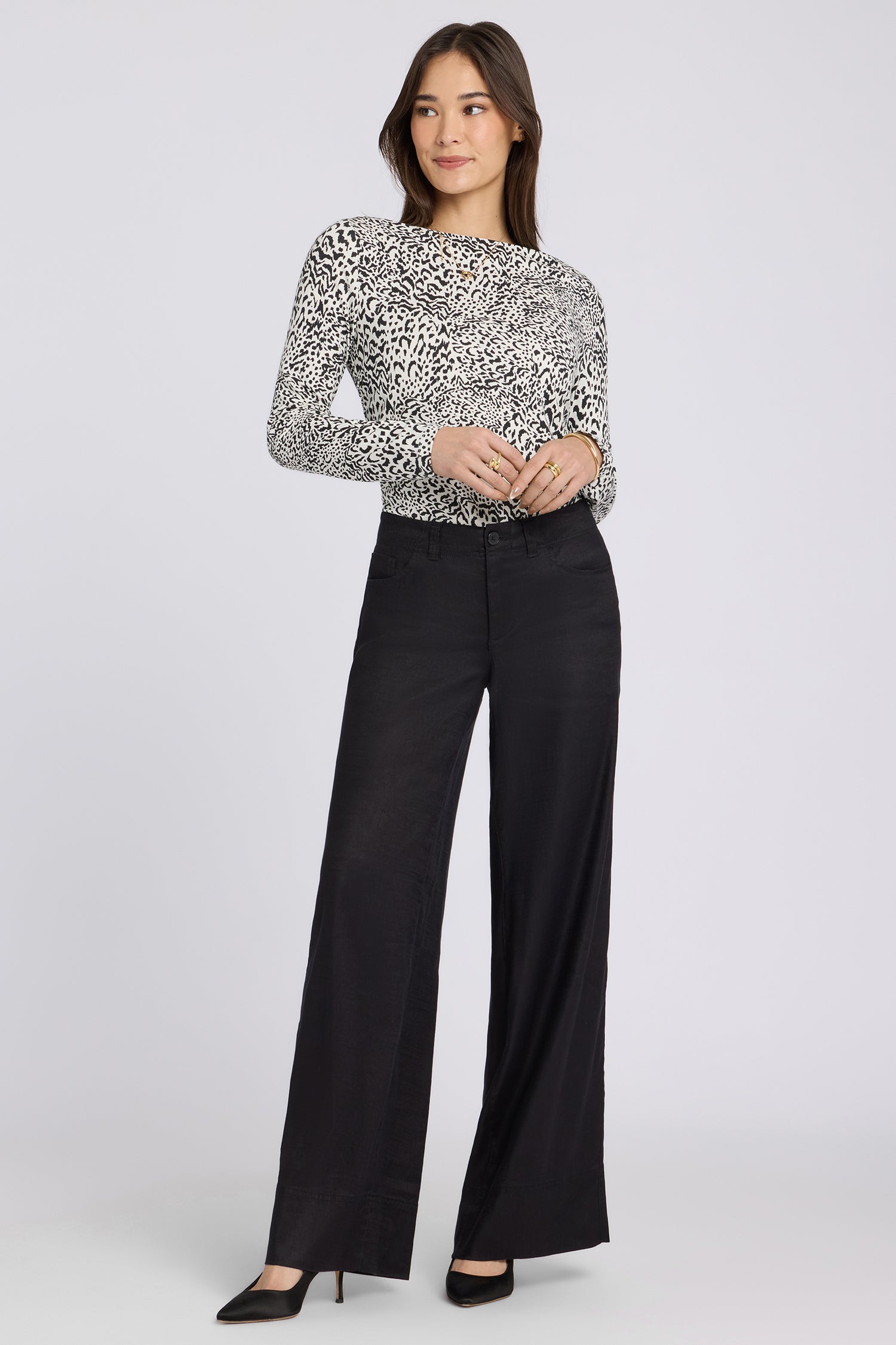 NYDJ 5 Pocket Wide Leg Trouser Pants In Stretch Linen With Super High Rise - Black