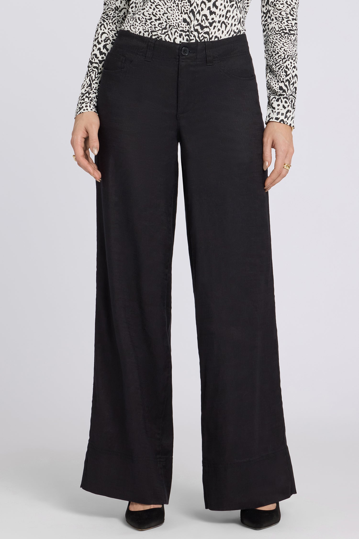NYDJ 5 Pocket Wide Leg Trouser Pants In Stretch Linen With Super High Rise - Black