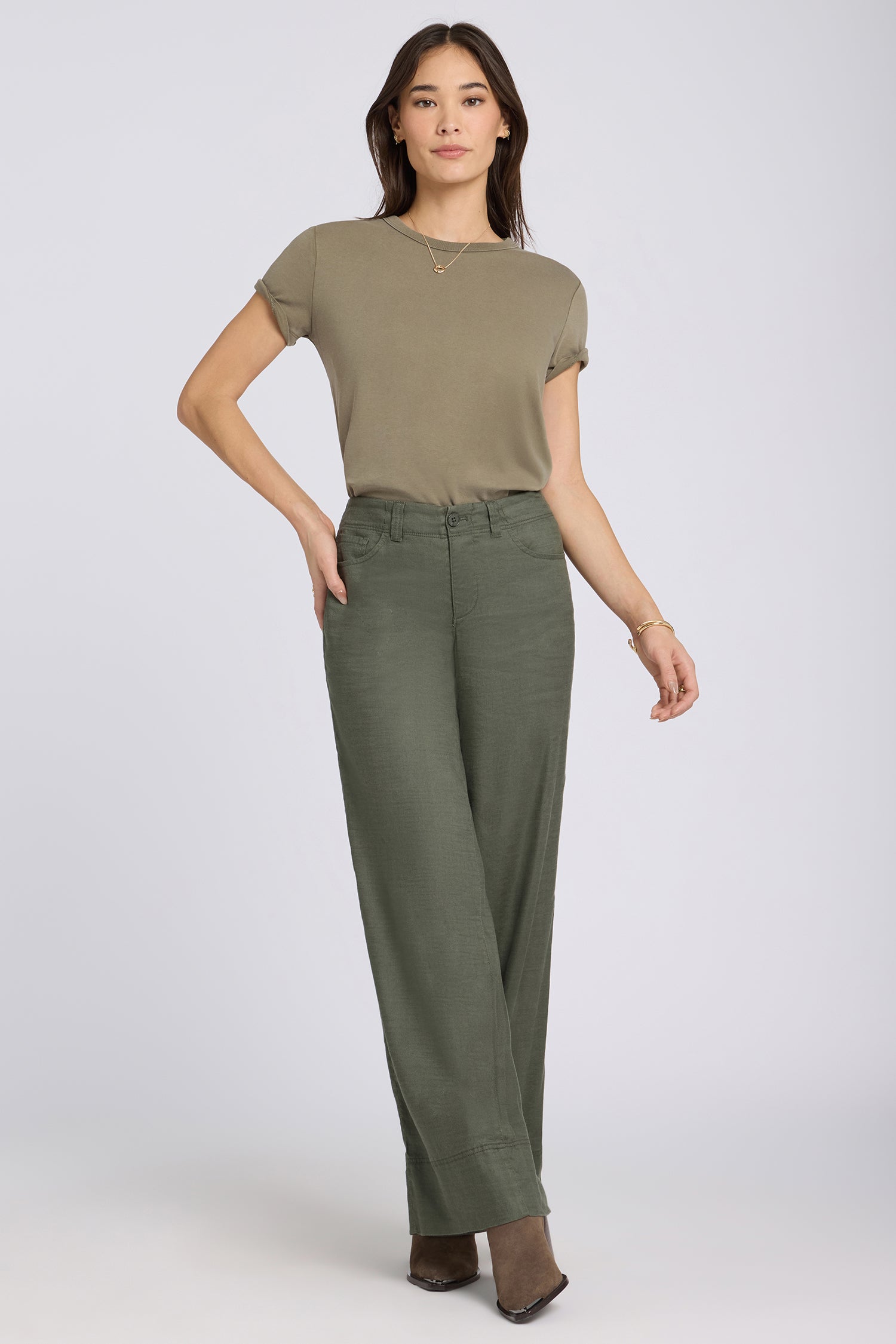 NYDJ 5 Pocket Wide Leg Trouser Pants In Stretch Linen With Super High Rise - Desert Green