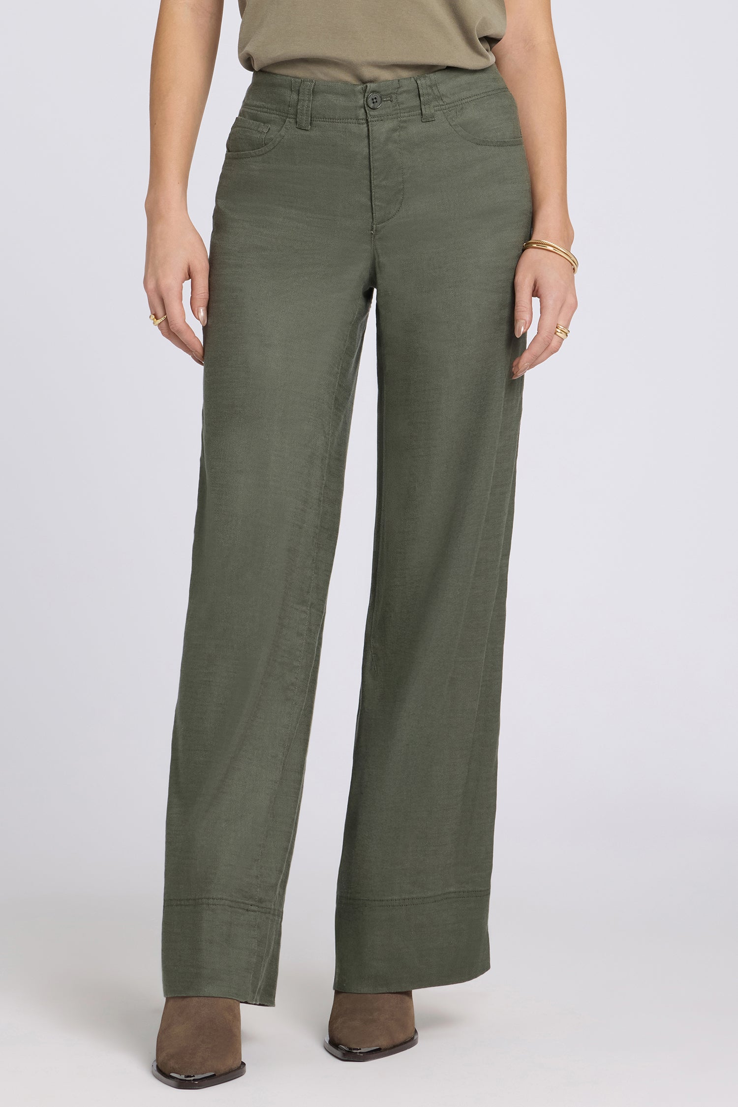 NYDJ 5 Pocket Wide Leg Trouser Pants In Stretch Linen With Super High Rise - Desert Green