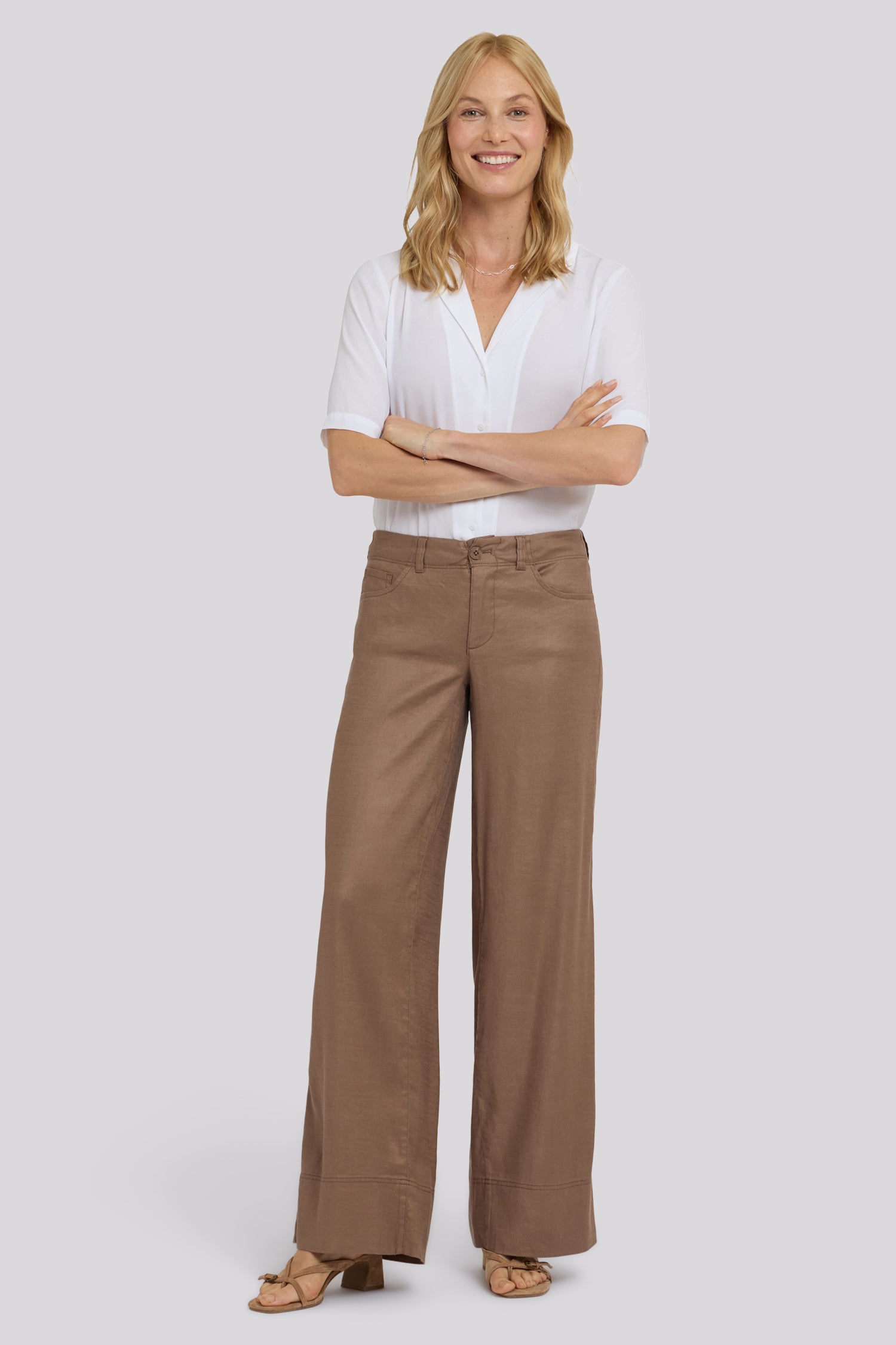 NYDJ 5 Pocket Wide Leg Trouser Pants In Stretch Linen With Super High Rise - Toasted Coconut
