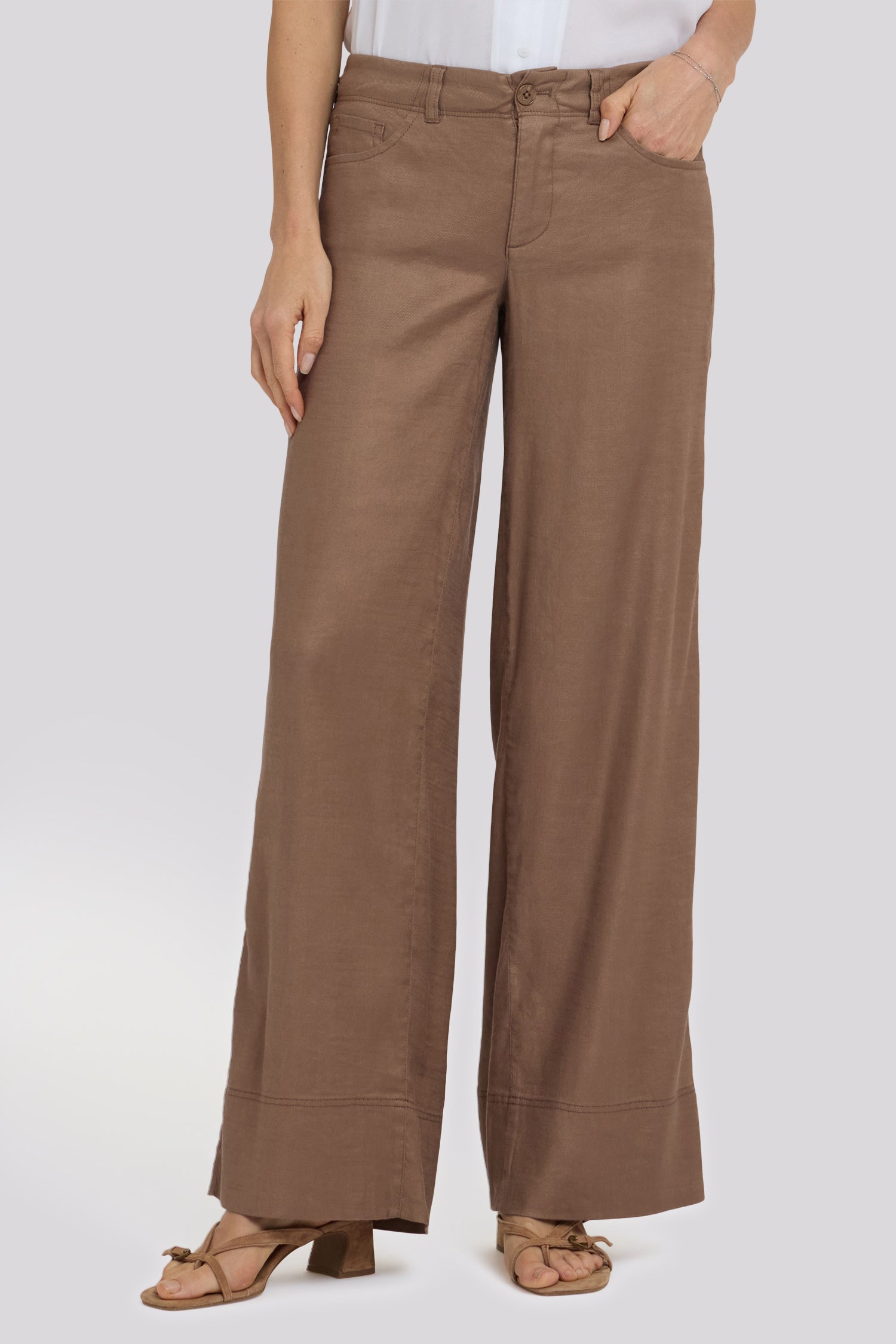 NYDJ 5 Pocket Wide Leg Trouser Pants In Stretch Linen With Super High Rise - Toasted Coconut