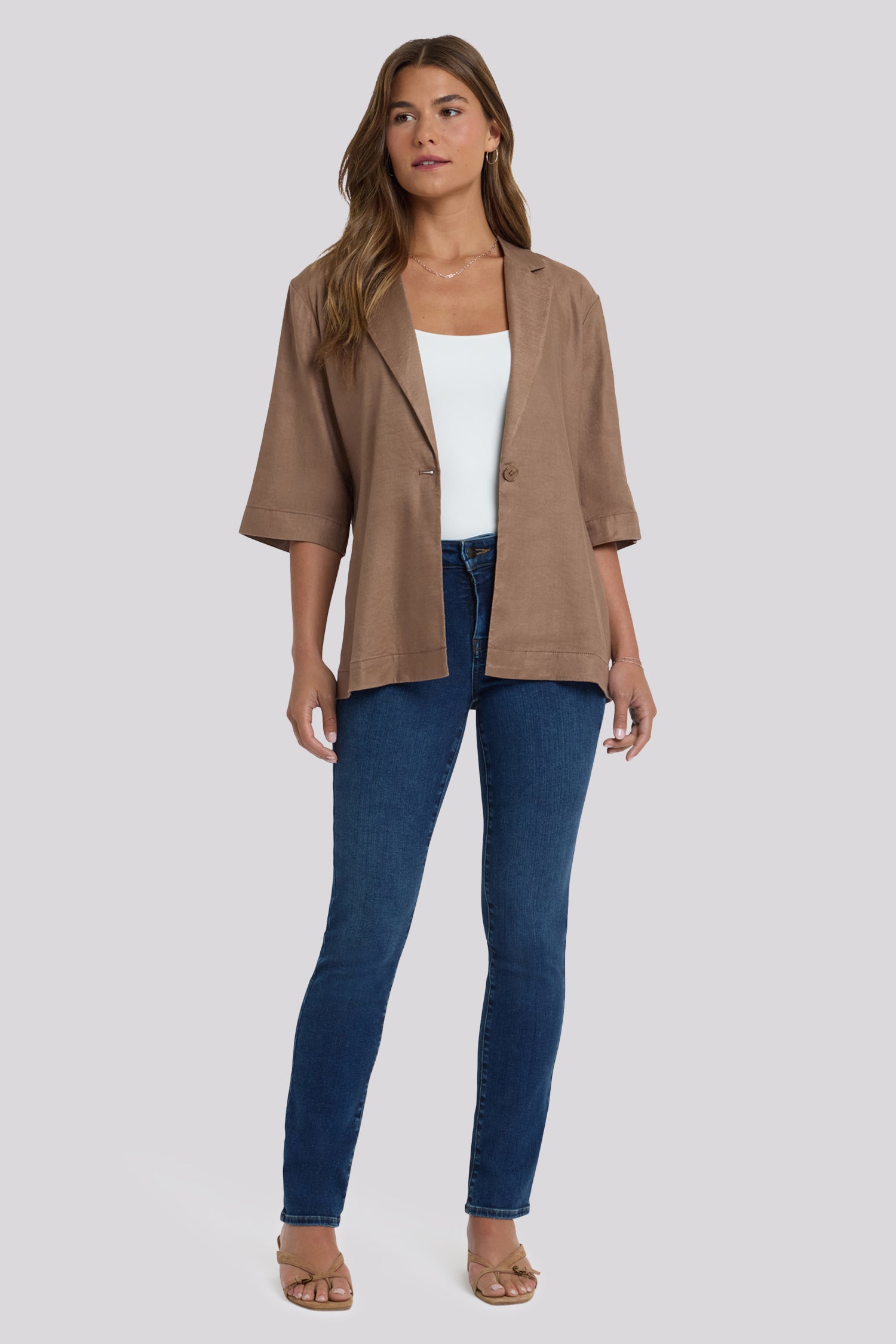 NYDJ Elbow Sleeve Blazer In Stretch Linen - Toasted Coconut