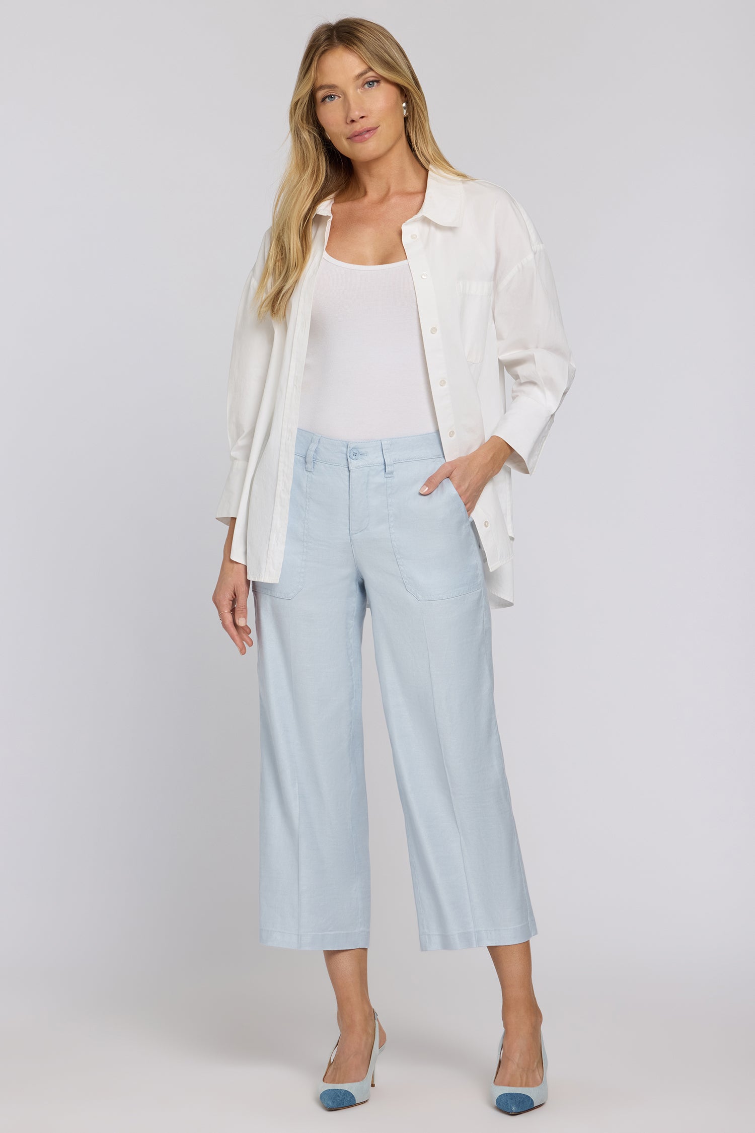 NYDJ Wide Leg Cargo Capri Pants In Stretch Linen - Blue Clover