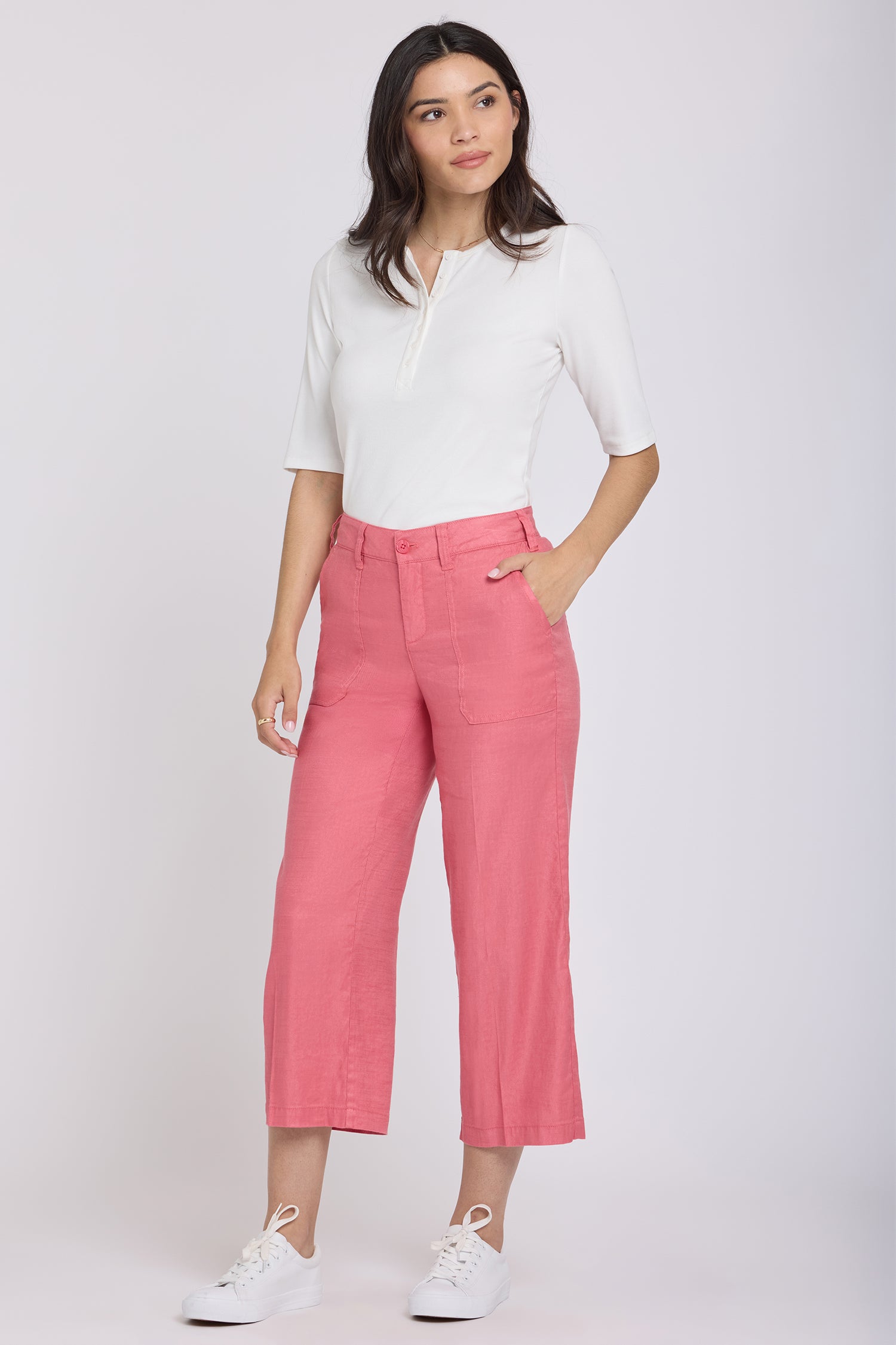NYDJ Wide Leg Cargo Capri Pants In Stretch Linen - Desert Rose