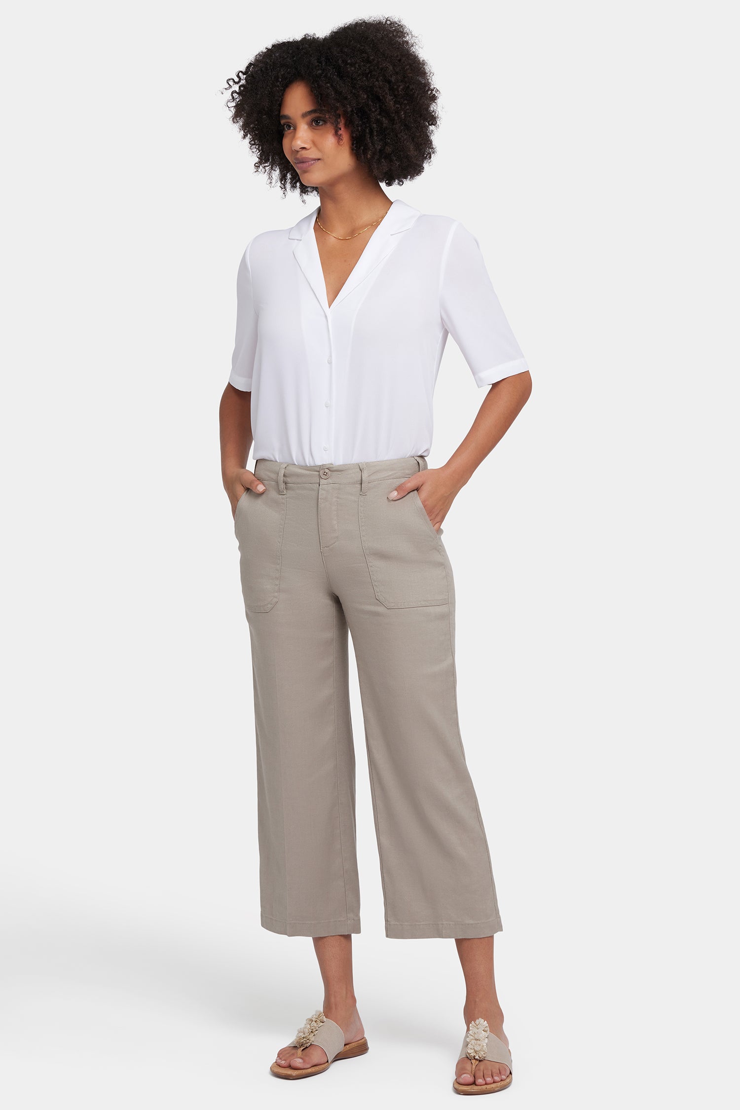 NYDJ Wide Leg Cargo Capri Pants In Stretch Linen - Saddlewood