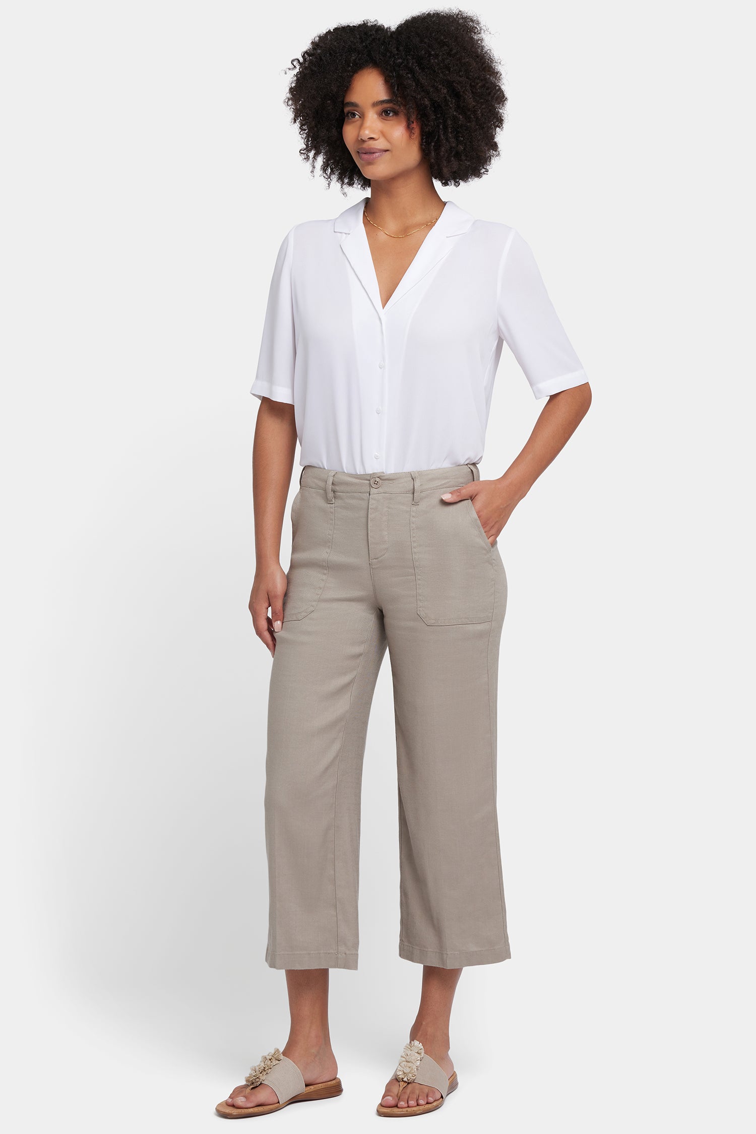 NYDJ Wide Leg Cargo Capri Pants In Stretch Linen - Saddlewood