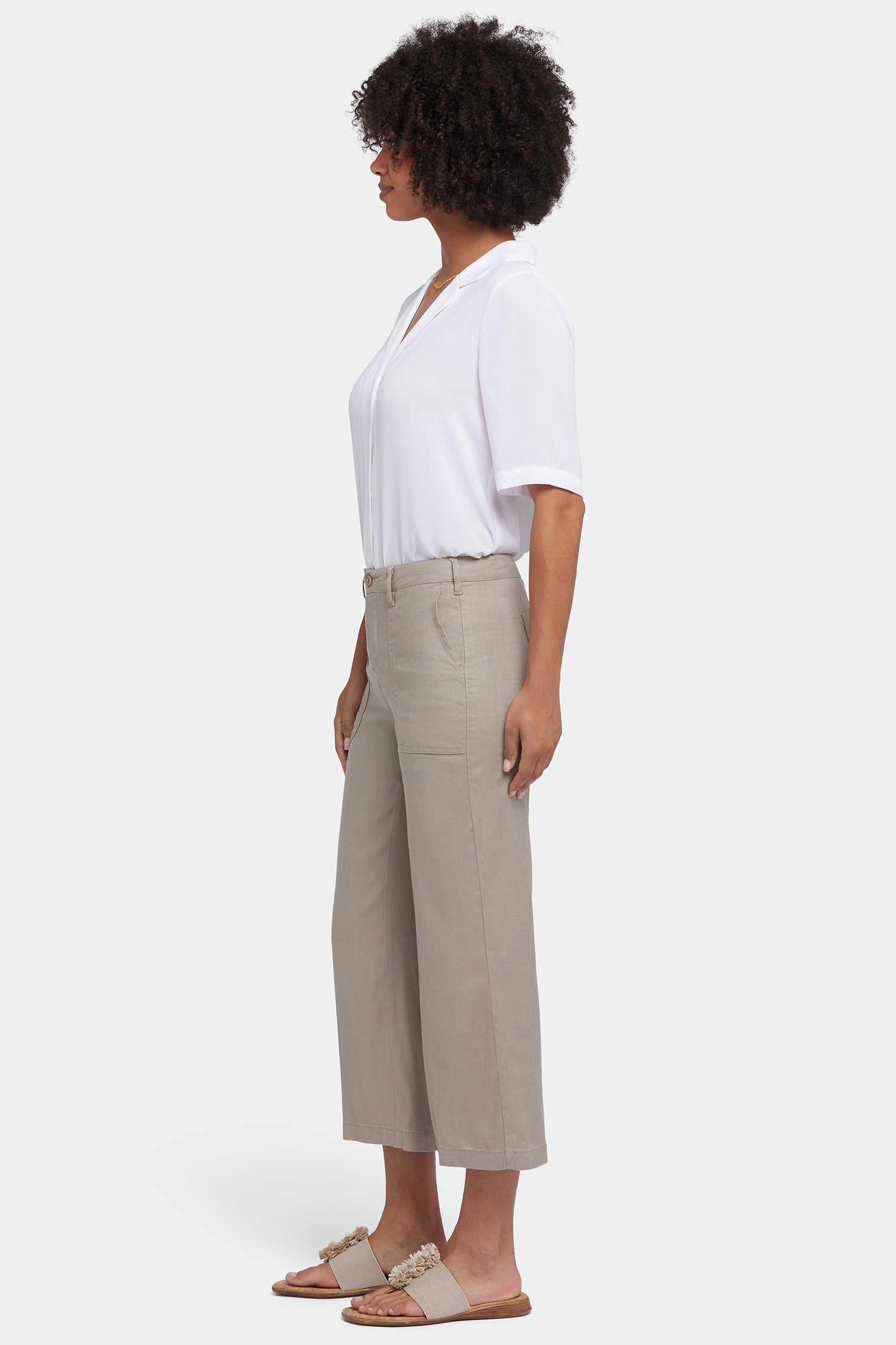 NYDJ Wide Leg Cargo Capri Pants In Stretch Linen - Saddlewood