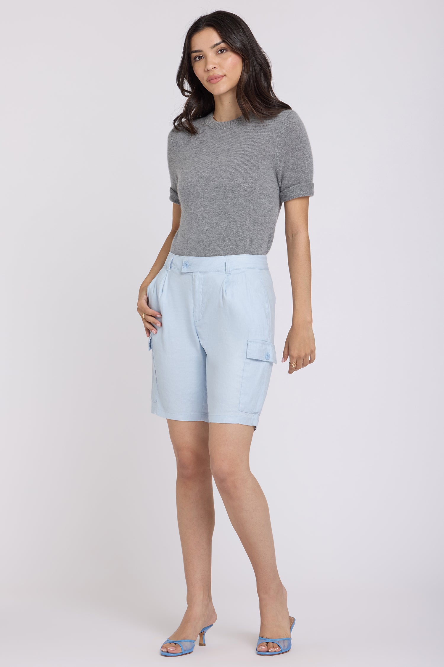 NYDJ Cargo Bermuda Shorts With High Rise In Stretch Linen - Blue Clover