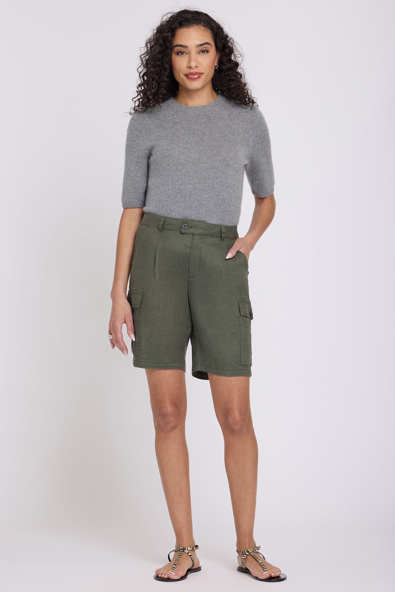 NYDJ Cargo Bermuda Shorts With High Rise In Stretch Linen - Desert Green