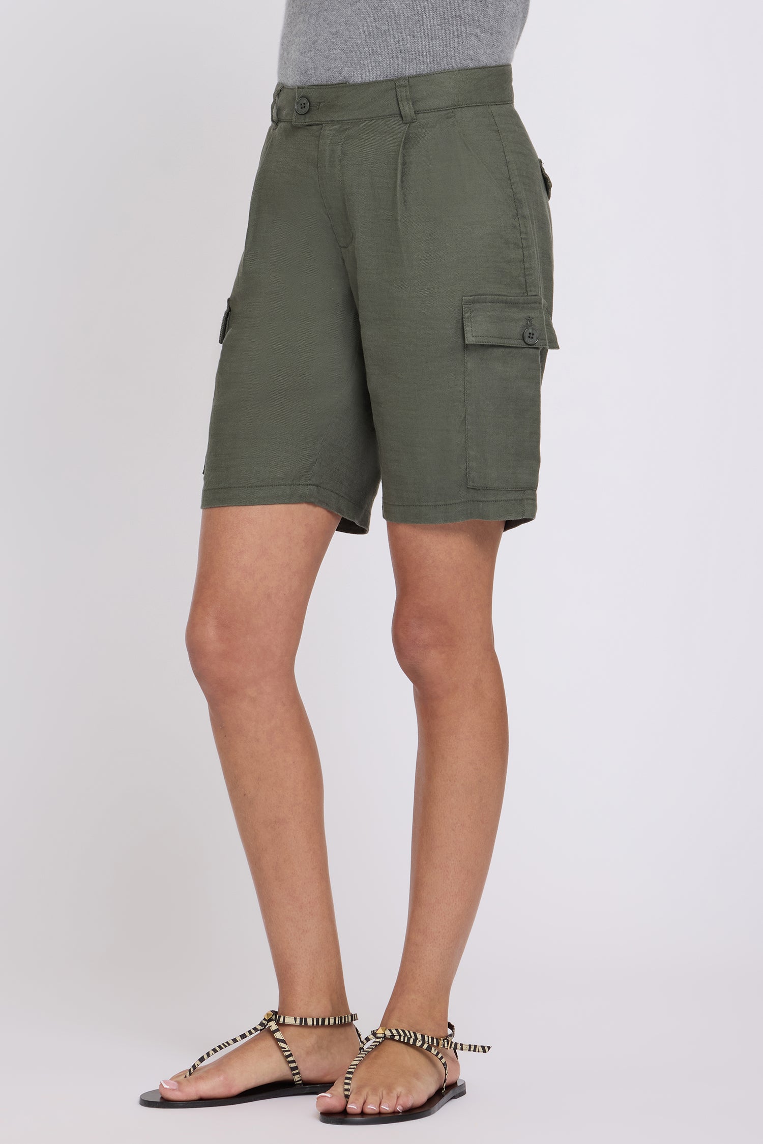 NYDJ Cargo Bermuda Shorts With High Rise In Stretch Linen - Desert Green
