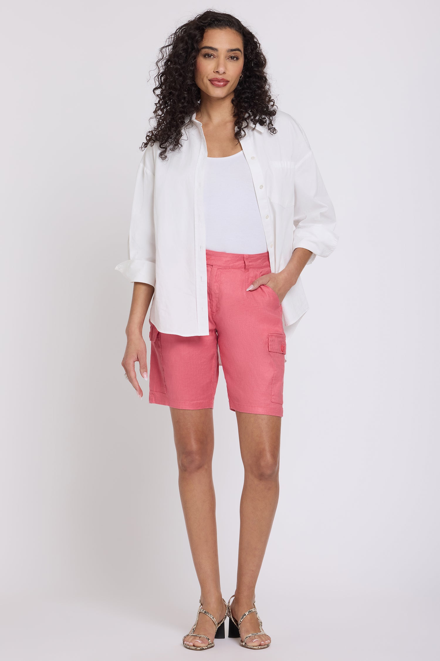 NYDJ Cargo Bermuda Shorts With High Rise In Stretch Linen - Desert Rose