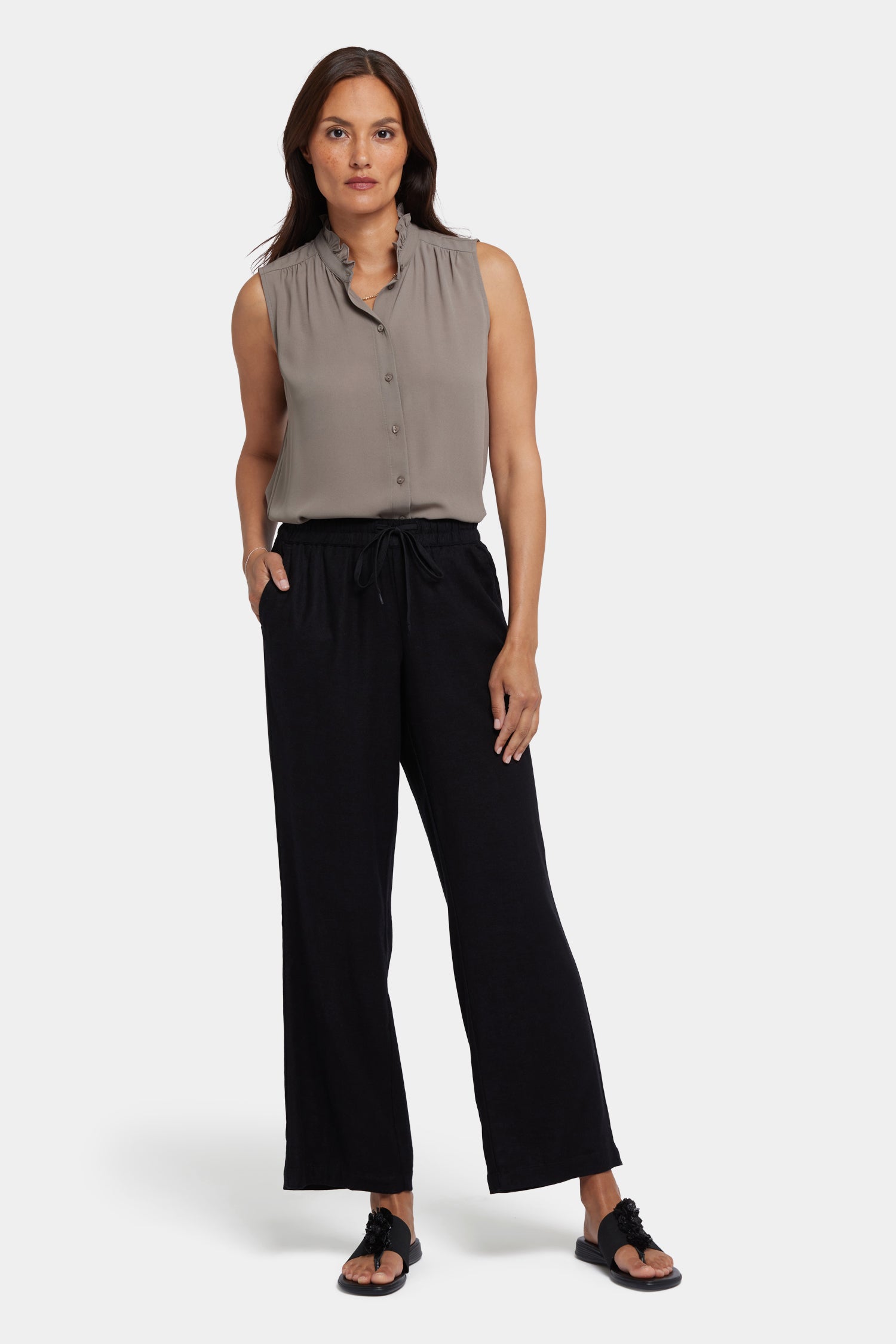 NYDJ Relaxed Drawstring Pull-On Pants In Stretch Linen - Black