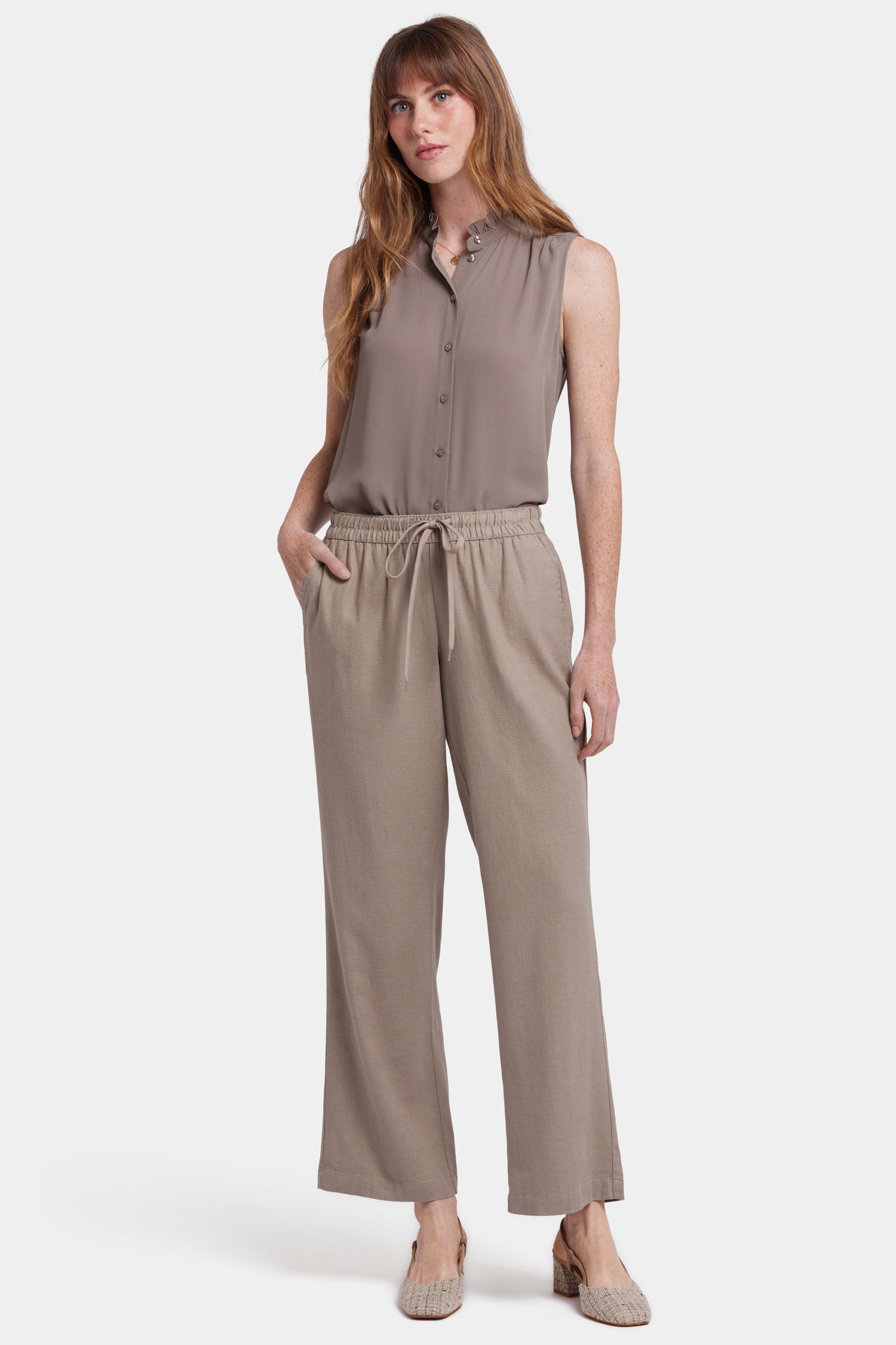 NYDJ Relaxed Drawstring Pull-On Pants In Stretch Linen - Saddlewood