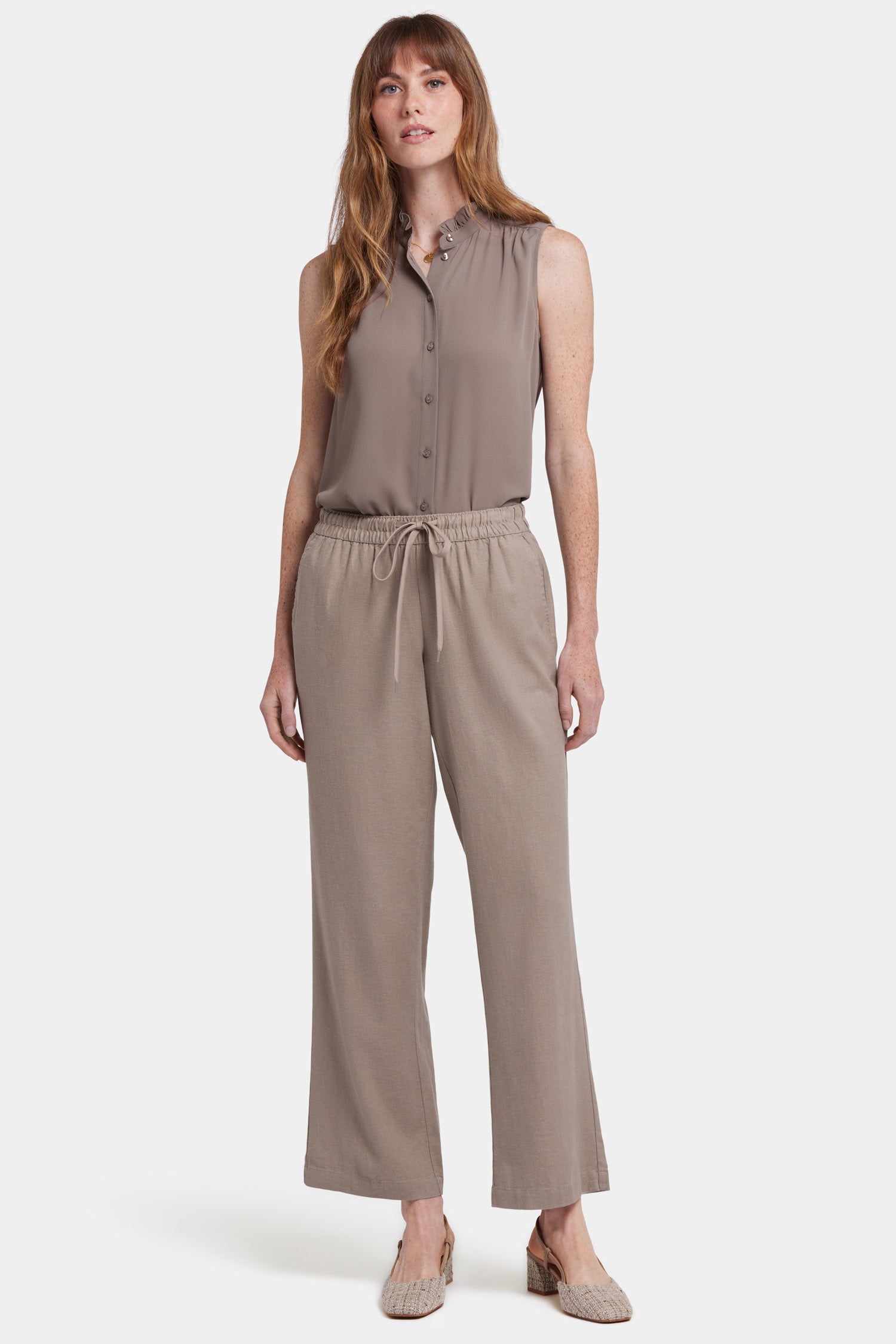 NYDJ Relaxed Drawstring Pull-On Pants In Stretch Linen - Saddlewood