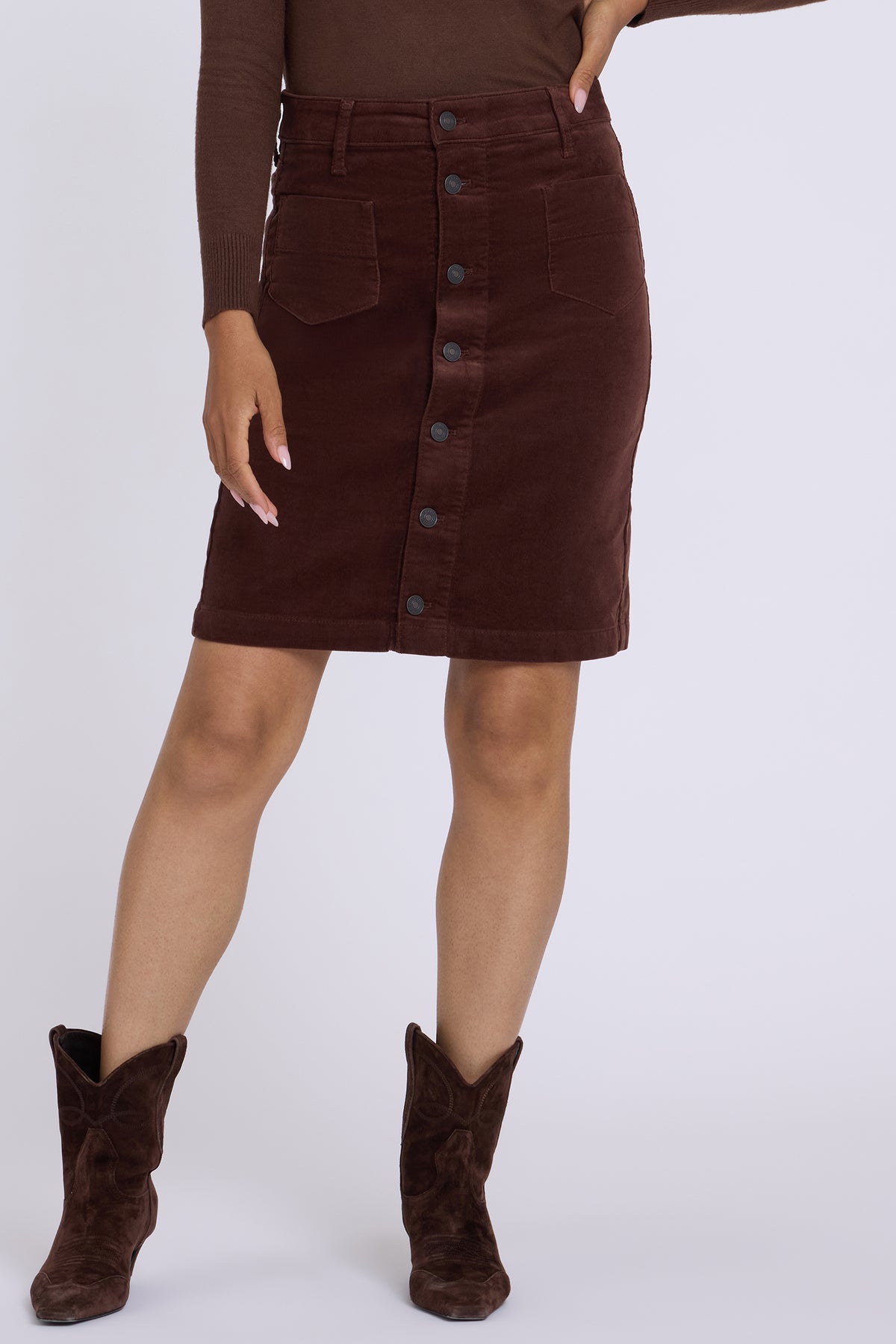 NYDJ Button Front Skirt In Fine Wale Stretch Corduroy - Chocolate Fondant