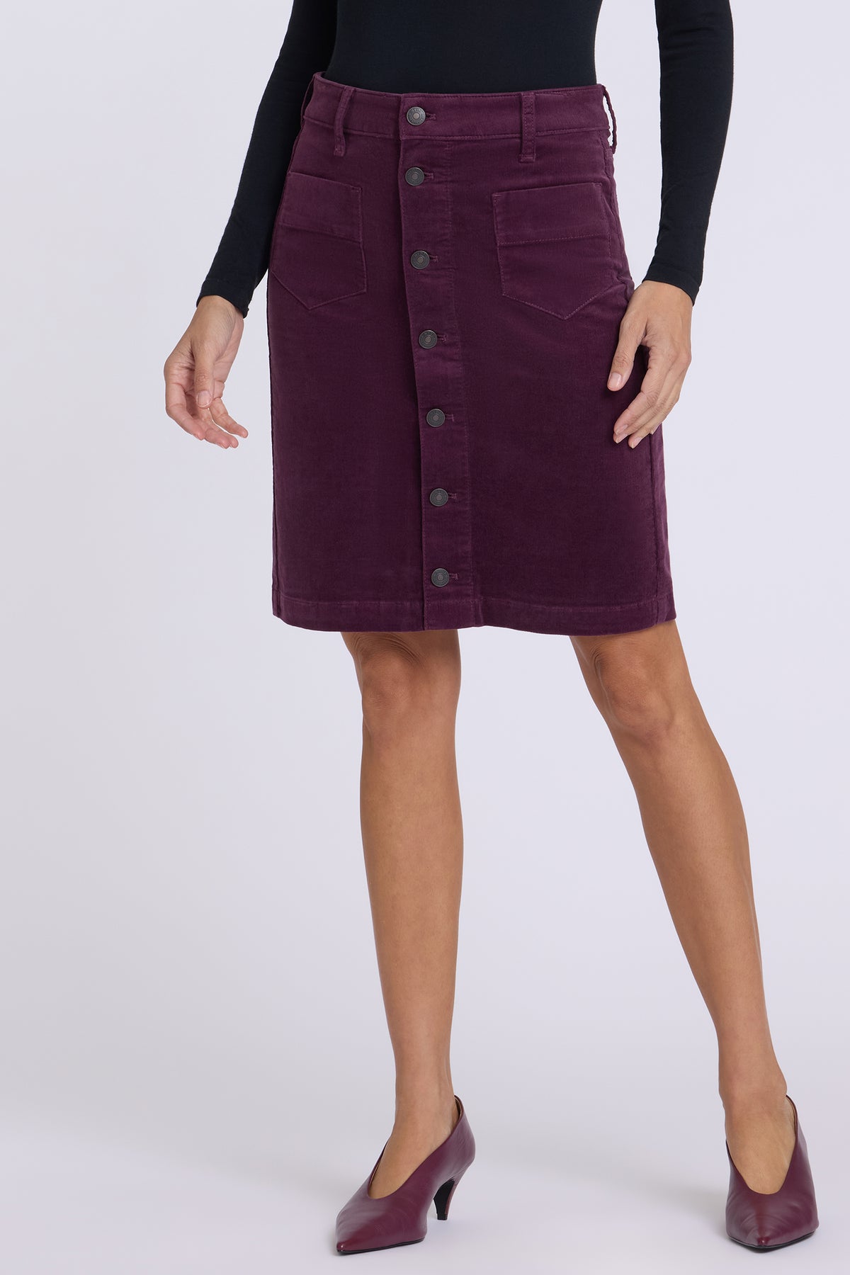NYDJ Button Front Skirt In Fine Wale Stretch Corduroy - Mauve Wine