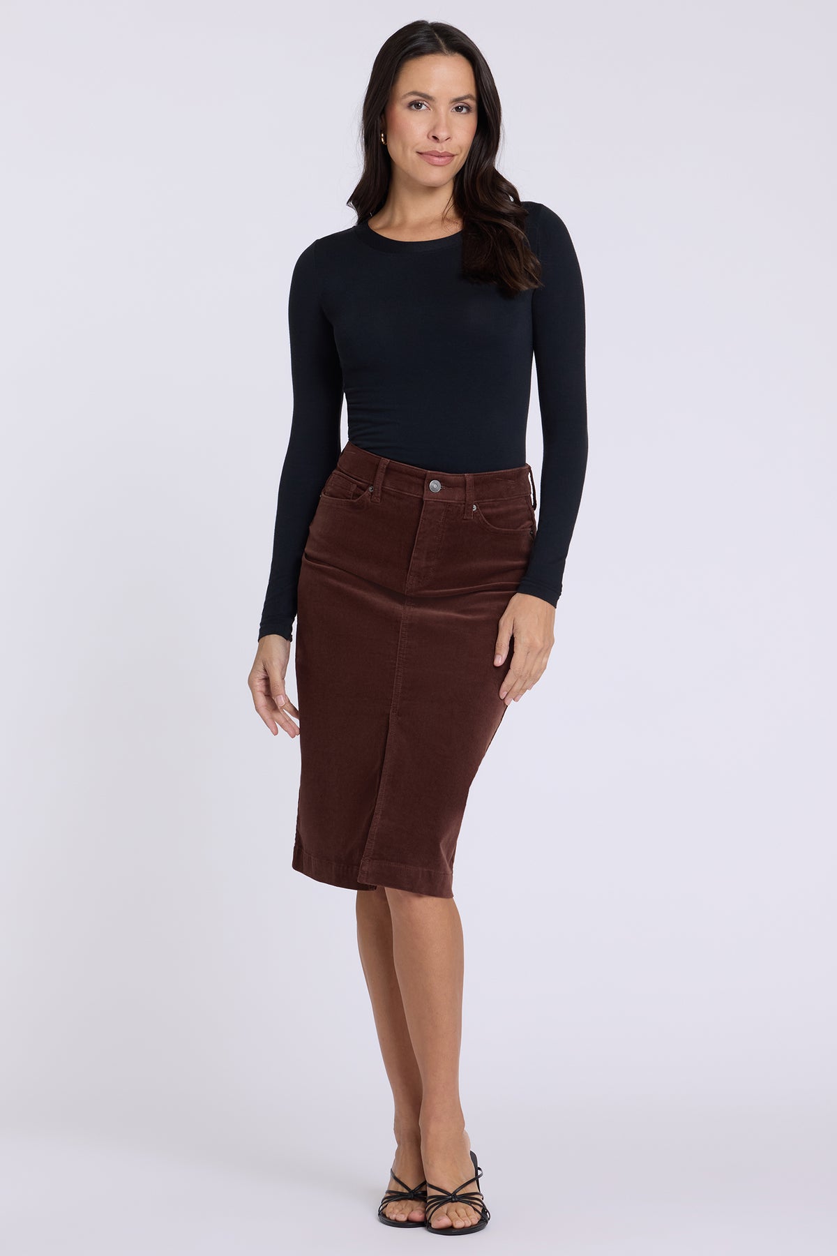 NYDJ 5 Pocket Midi Skirt In Fine Wale Stretch Corduroy With Front Slit - Chocolate Fondant