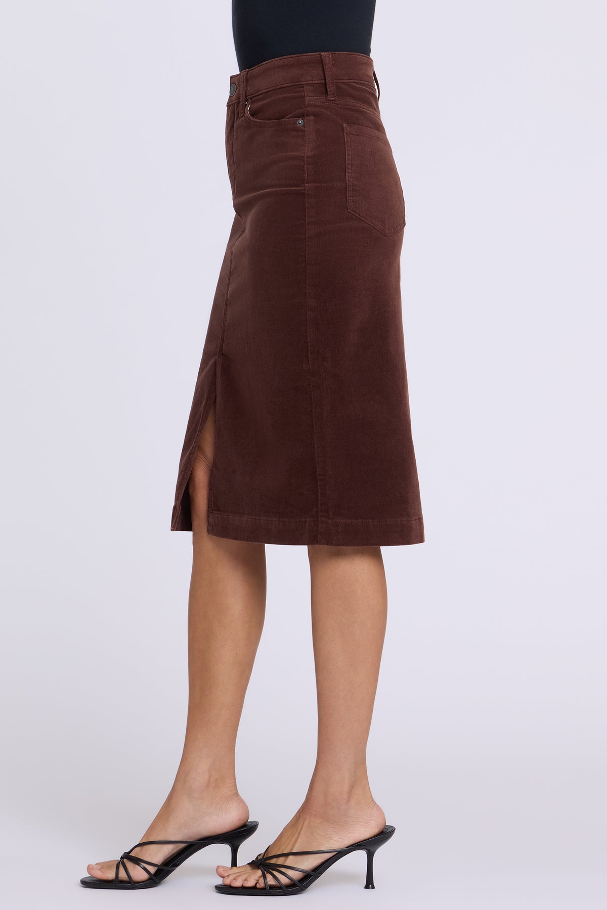 NYDJ 5 Pocket Midi Skirt In Fine Wale Stretch Corduroy With Front Slit - Chocolate Fondant