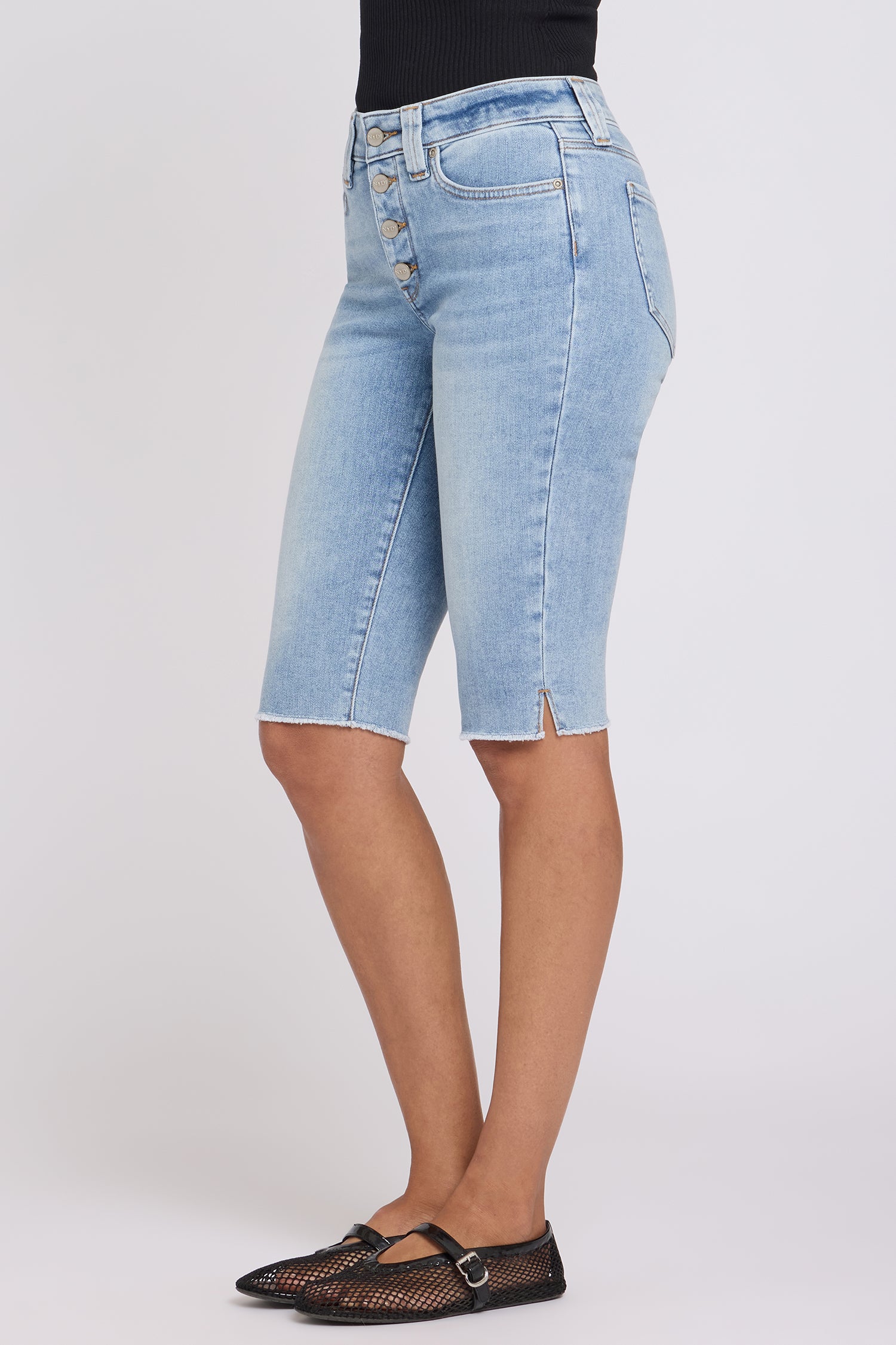 NYDJ Sophie Bike Capri Jeans With Exposed Button Fly, Side Slits And Frayed Hems - Mist Springs