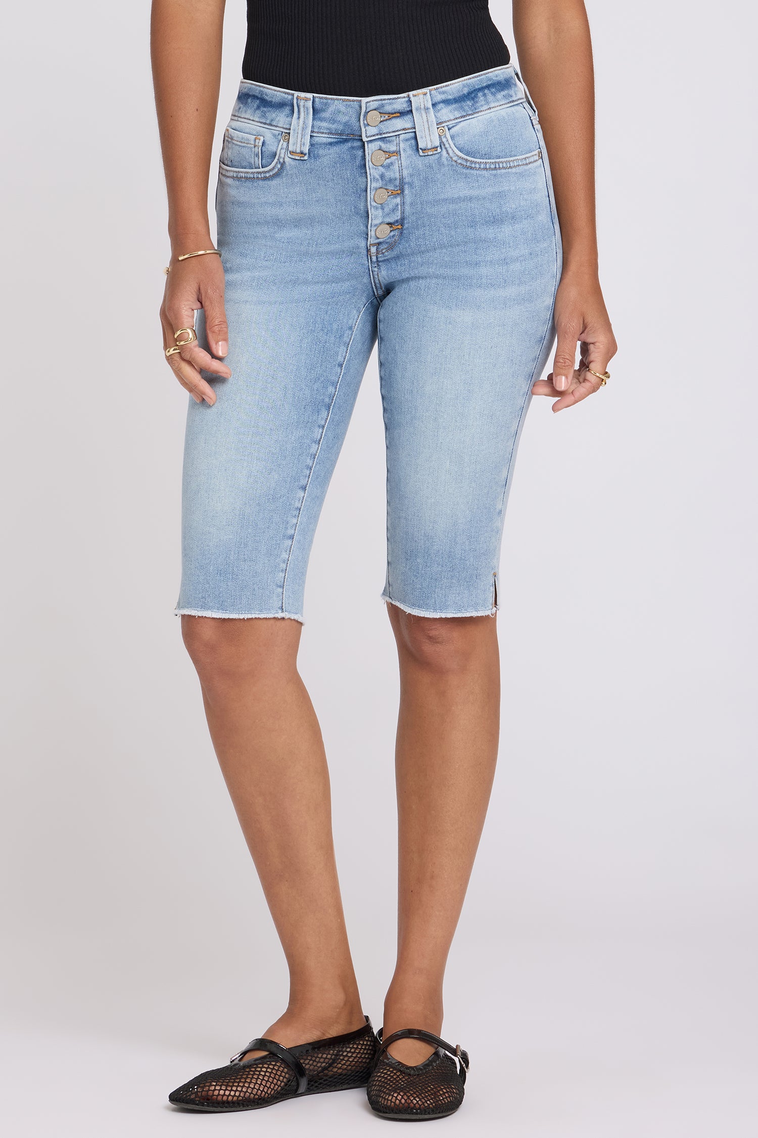 NYDJ Sophie Bike Capri Jeans With Exposed Button Fly, Side Slits And Frayed Hems - Mist Springs