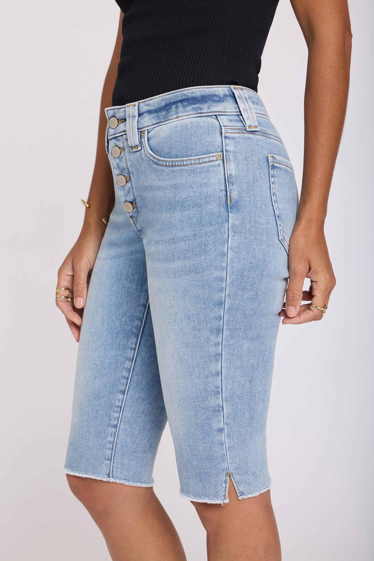 NYDJ Sophie Bike Capri Jeans With Exposed Button Fly, Side Slits And Frayed Hems - Mist Springs