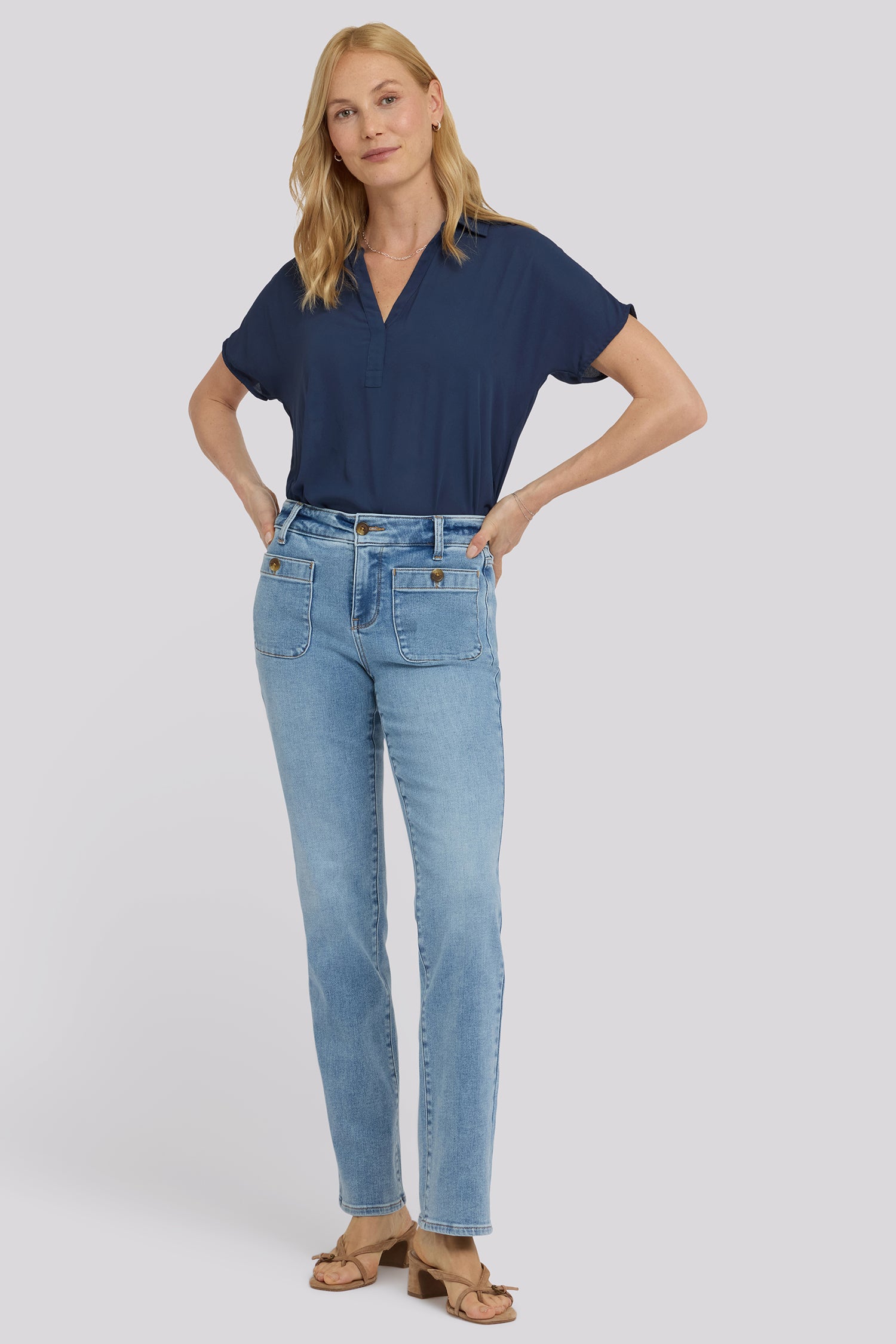 NYDJ Marilyn Straight Jeans In Tall With Front Button Patch Pockets And 34