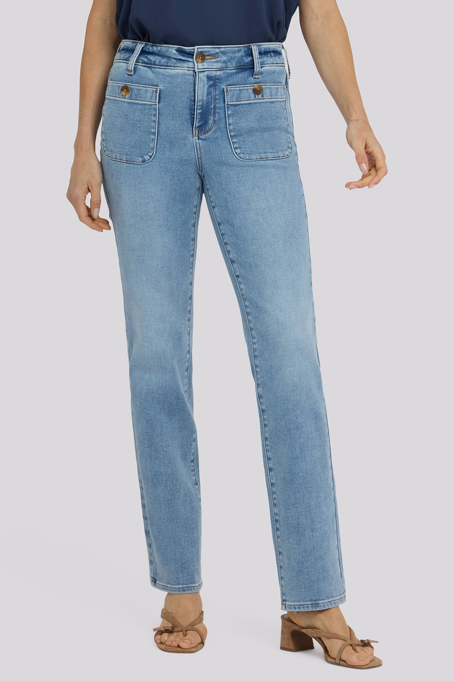 NYDJ Marilyn Straight Jeans In Tall With Front Button Patch Pockets And 34