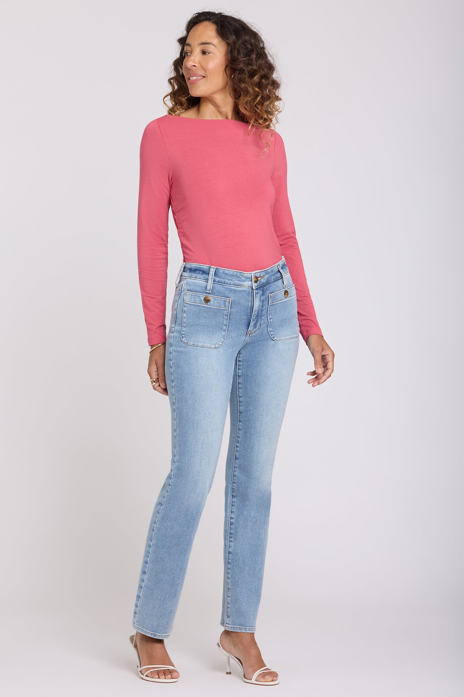 NYDJ Marilyn Straight Jeans With Front Button Patch Pockets - Mist Springs