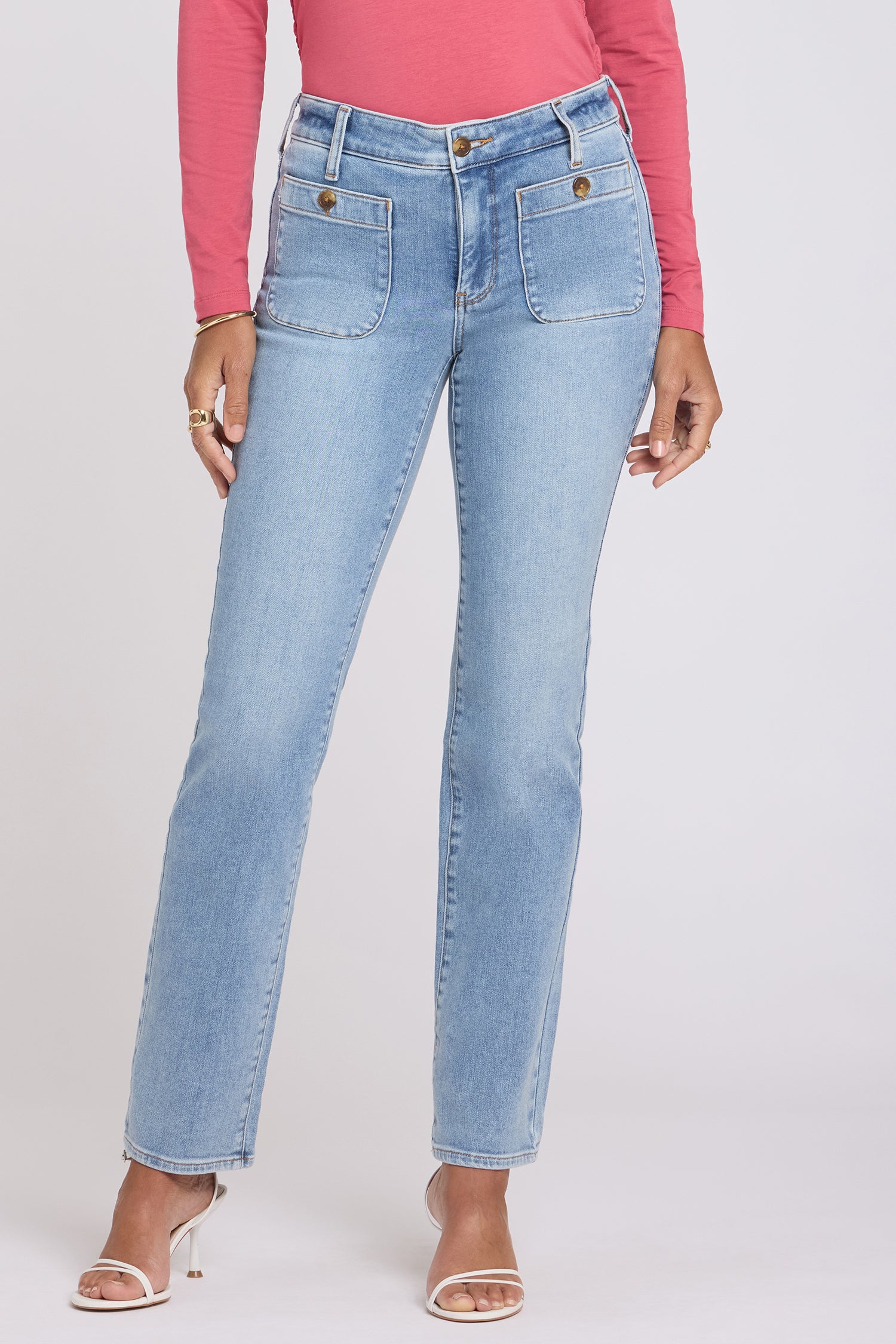 NYDJ Marilyn Straight Jeans With Front Button Patch Pockets - Mist Springs