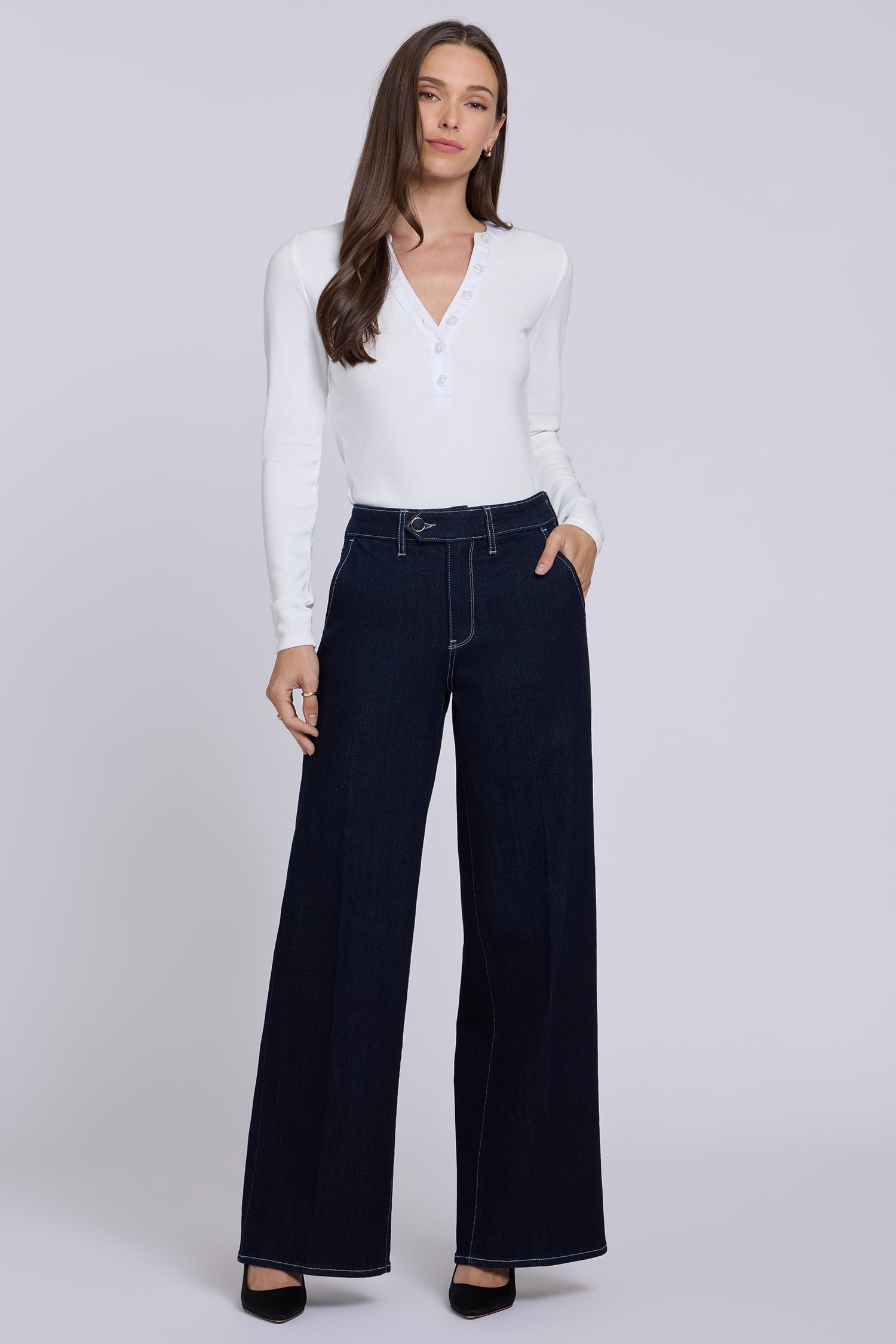 NYDJ Simone Wide Leg Jeans With High Rise And Trouser Detail - Rinse