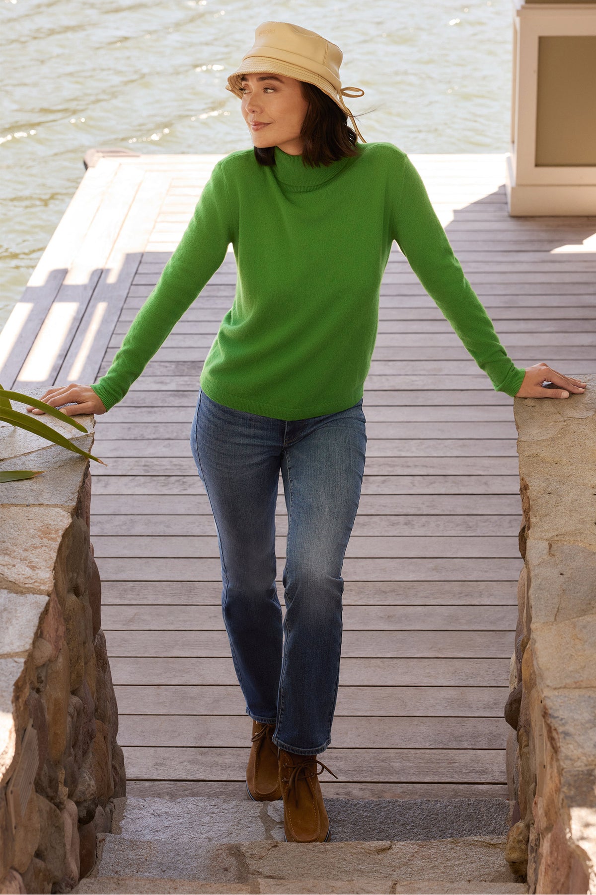 Medium Wash Marilyn Straight Jeans - On Model Front View, Lakeside Lifestyle Shot | NYDJ Apparel