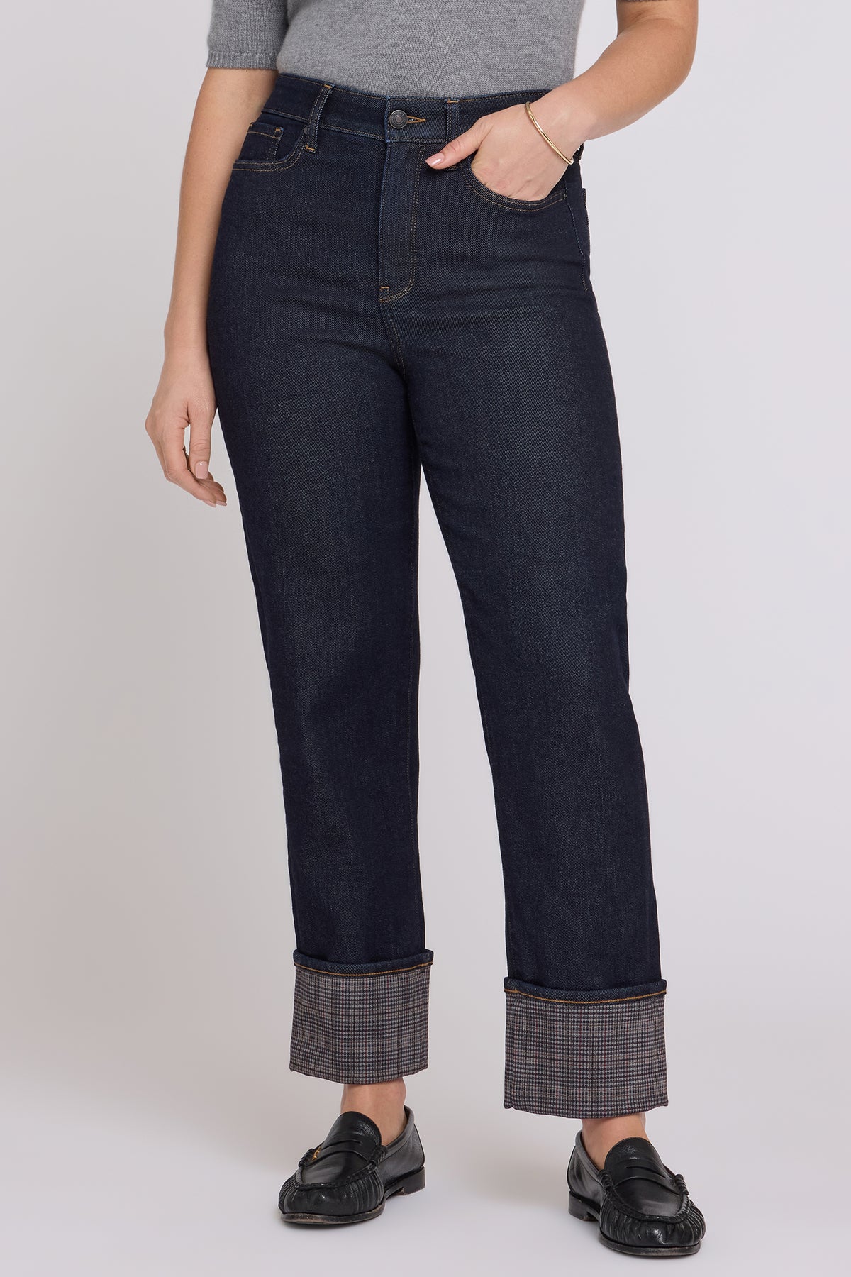 NYDJ Kasey Stovepipe Ankle Jeans With Super High Rise And Plaid Cuffs - Rinse