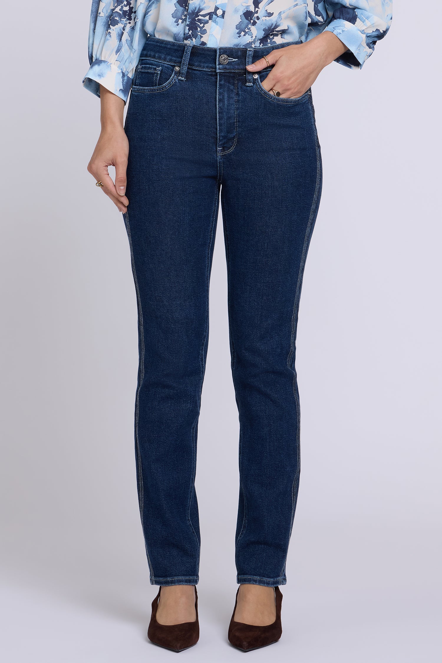 NYDJ Sheri Slim Straight Jeans With High Rise And Trapunto Stitching - Dark Stone
