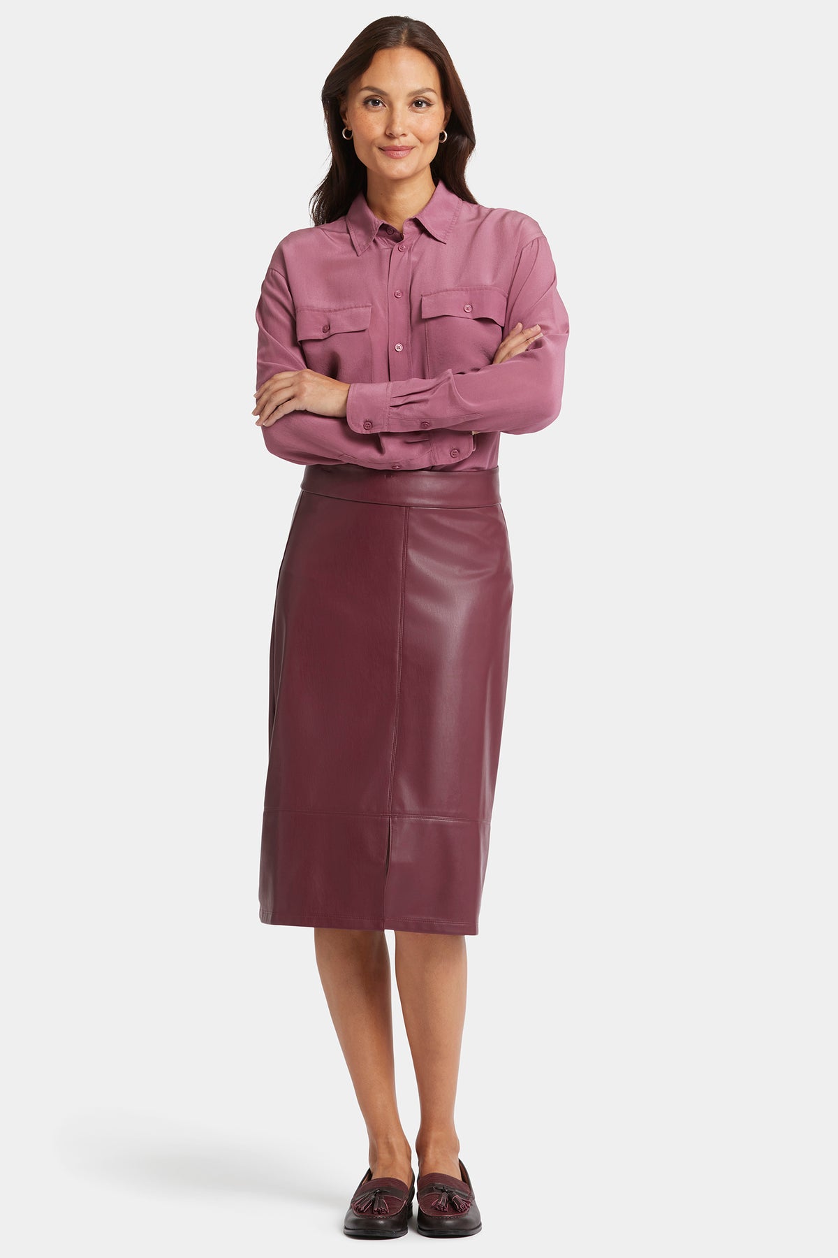 Tavern Faux Leather A-Line Skirt - Front View, On Model | NYDJ Apparel