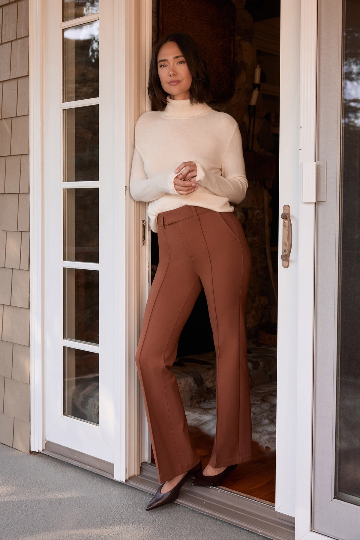 Mocha Bisque Ponte High Rise Bootcut Trouser Pants - Lifestyle Front View | NYDJ Apparel