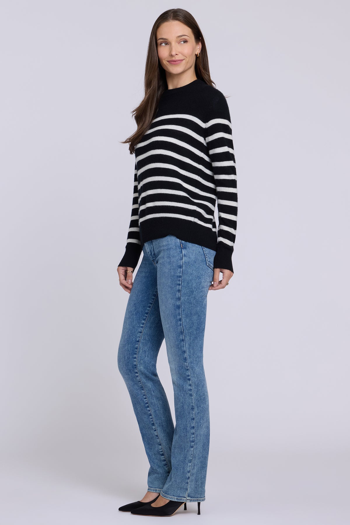 NYDJ Striped Cashmere Crewneck Sweater  - Black Ivory Combo