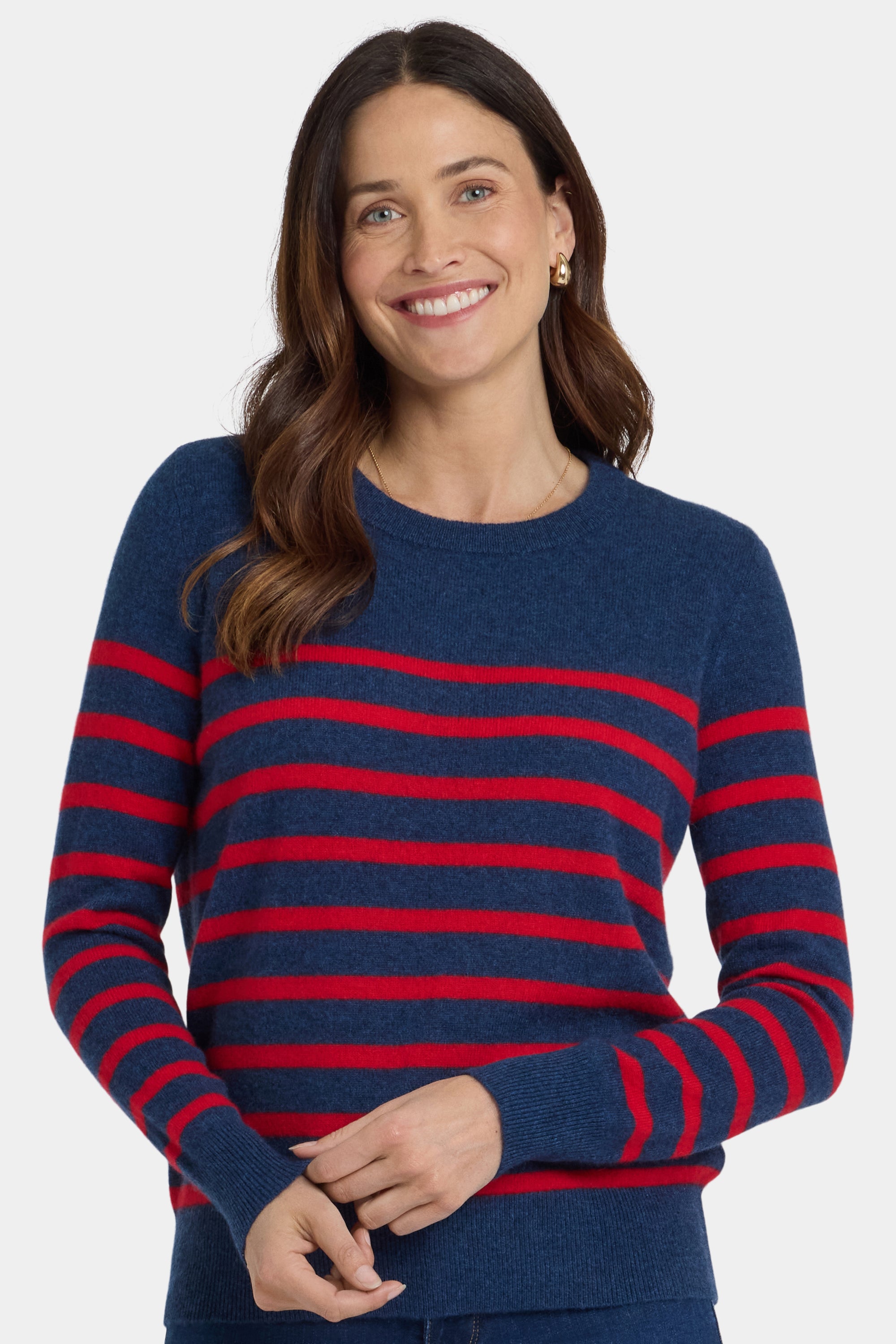 NYDJ Striped Cashmere Crewneck Sweater  - Navy Red Stripe
