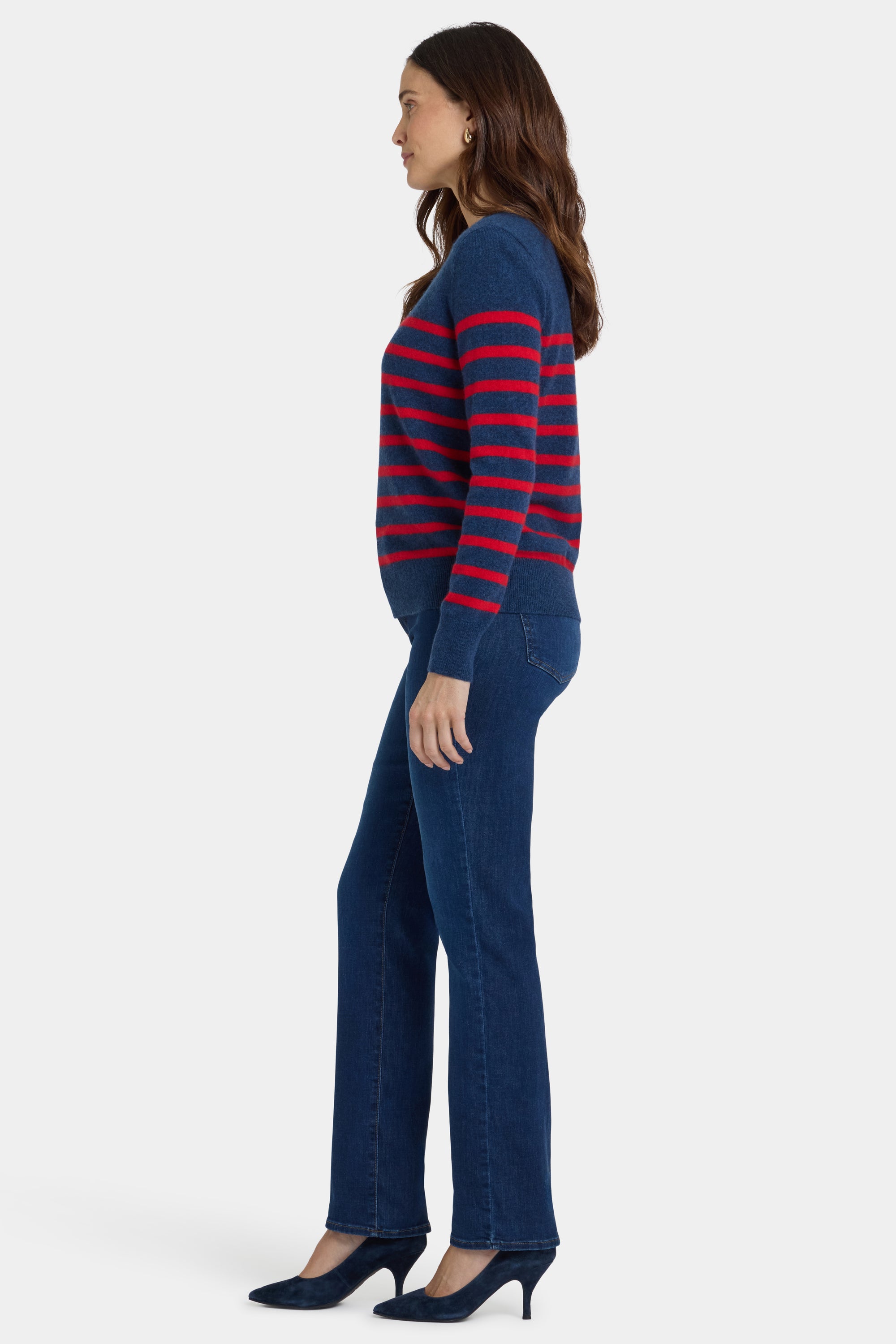 NYDJ Striped Cashmere Crewneck Sweater  - Navy Red Stripe