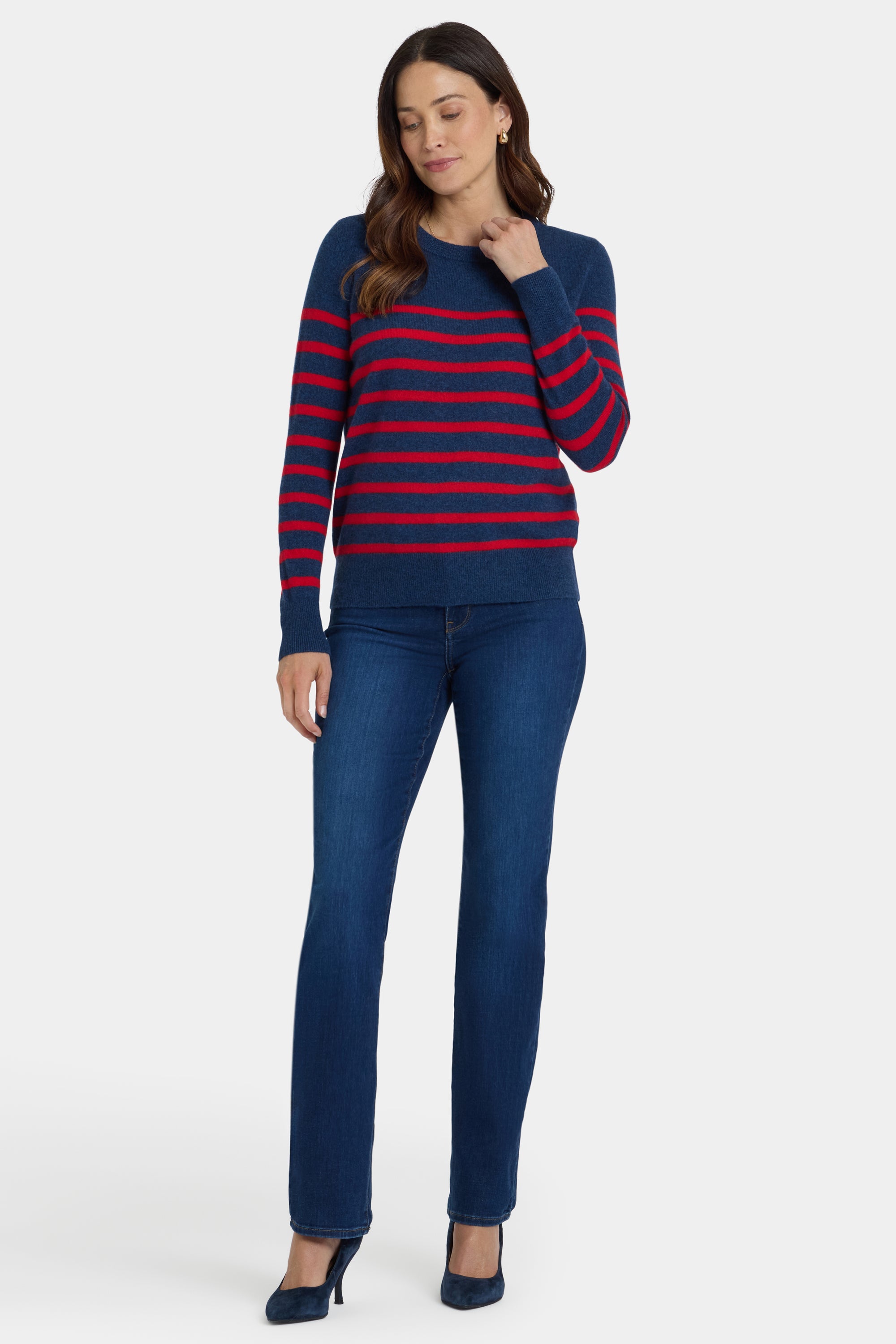 NYDJ Striped Cashmere Crewneck Sweater  - Navy Red Stripe