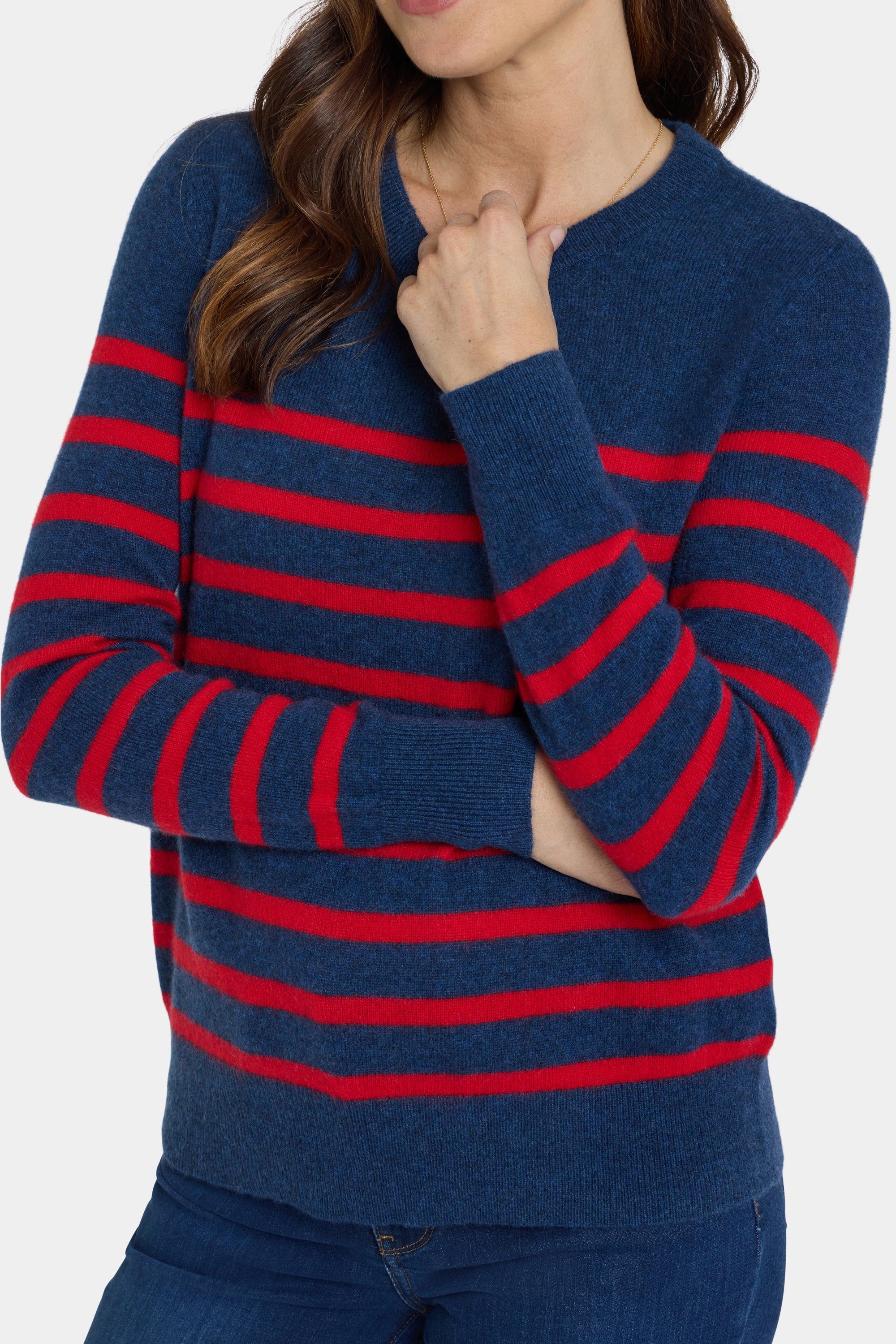 NYDJ Striped Cashmere Crewneck Sweater  - Navy Red Stripe
