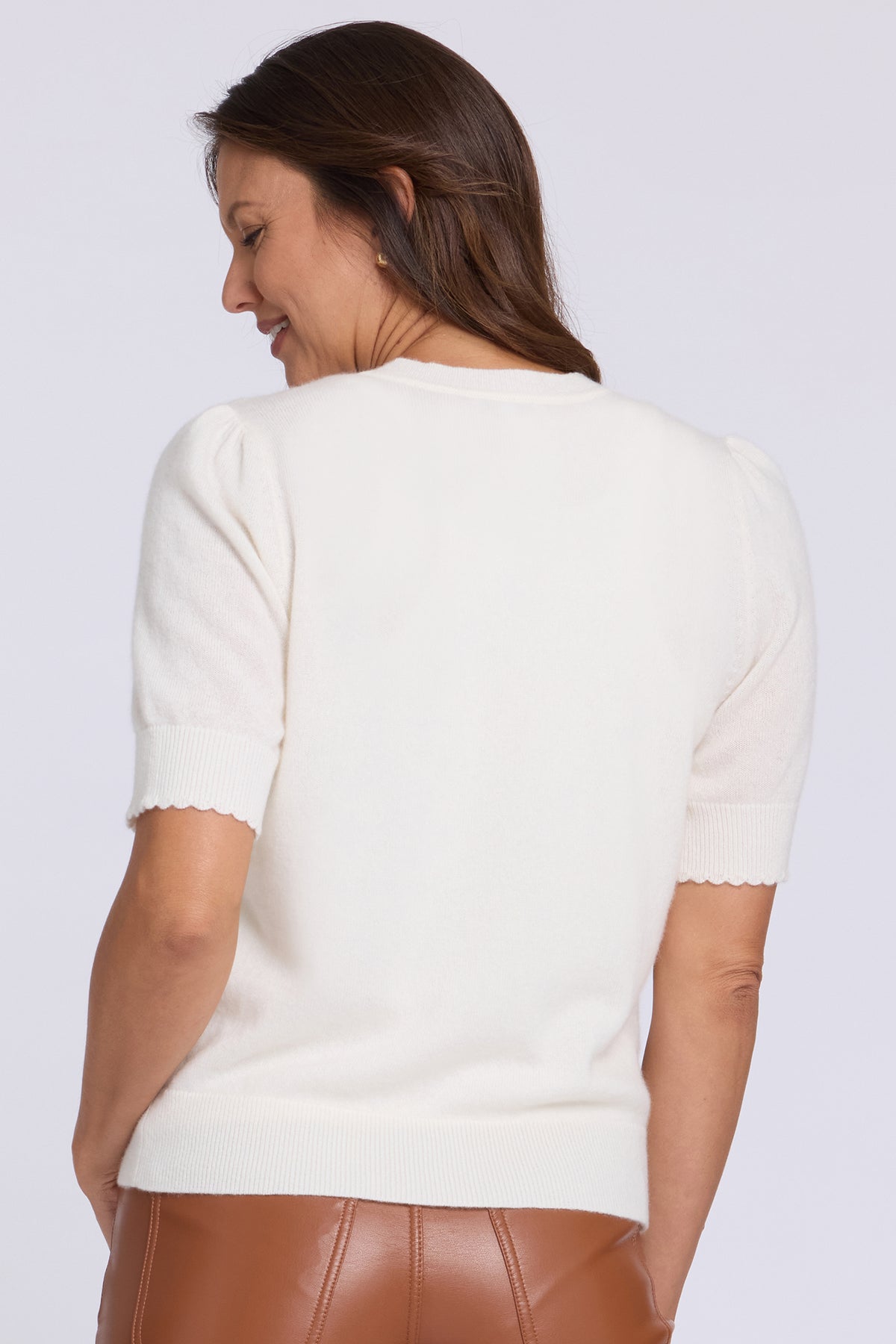 NYDJ Cashmere Short Sleeved Crewneck Cardigan  - Ivory