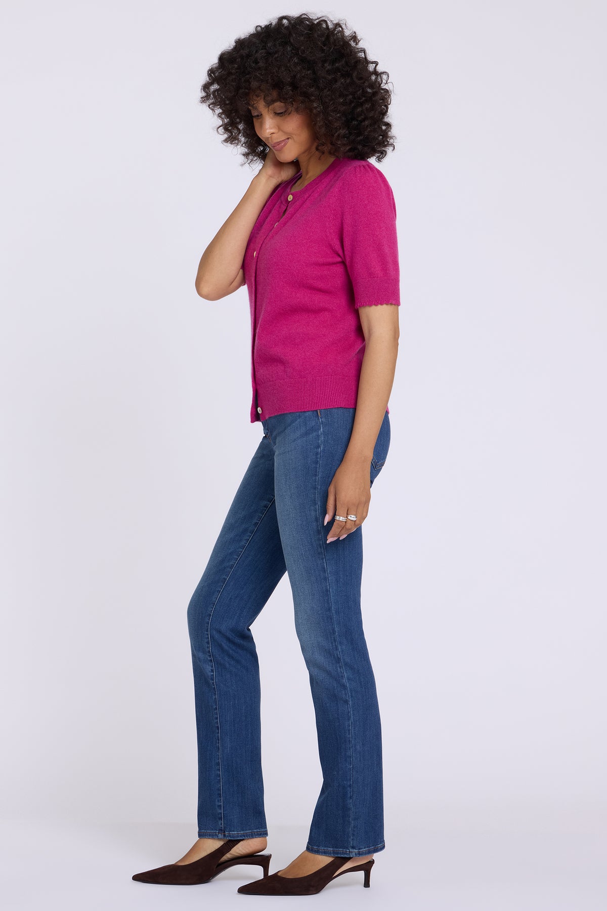 NYDJ Cashmere Short Sleeved Crewneck Cardigan  - Jazzy
