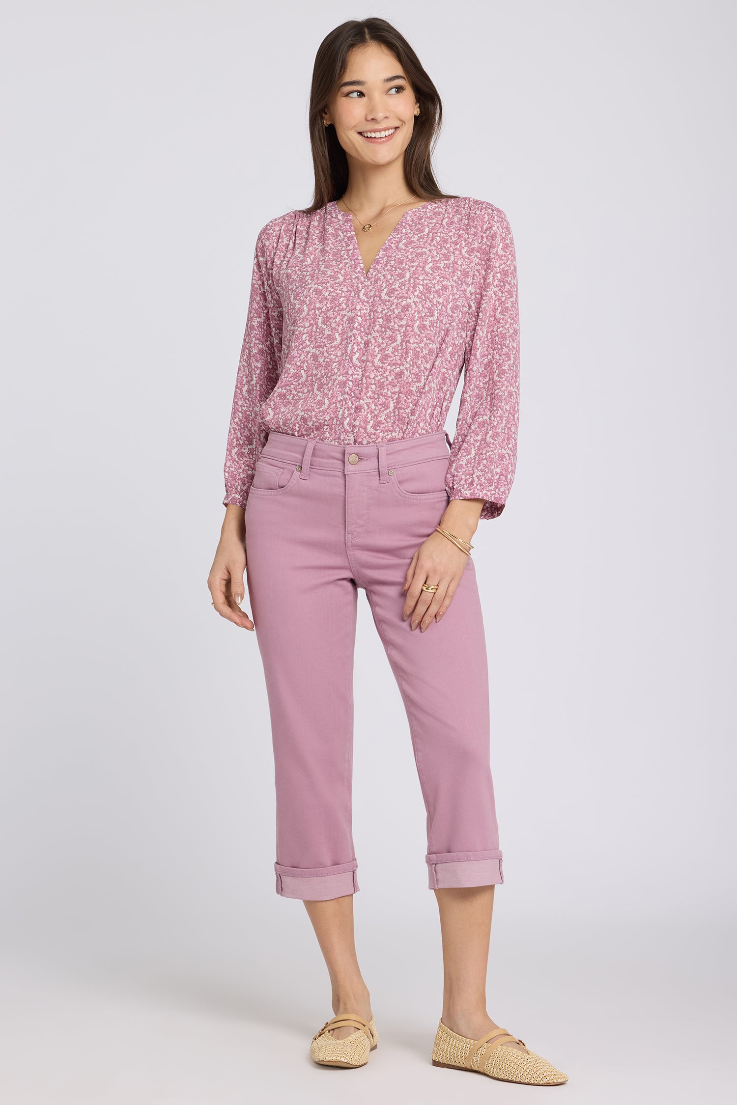 NYDJ Marilyn Straight Crop Jeans In Cool Embrace® Denim With Cuffs - Dusky Daisy