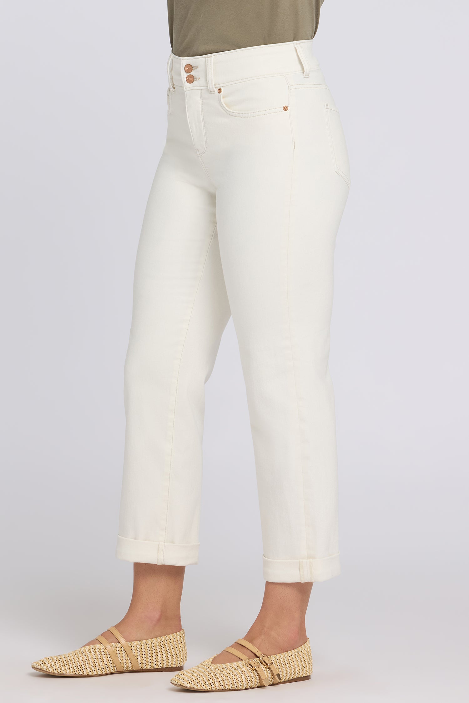 NYDJ Bailey Relaxed Straight Crop Jeans In Cool Embrace® Denim With High Rise And Roll Cuffs - Vintage White