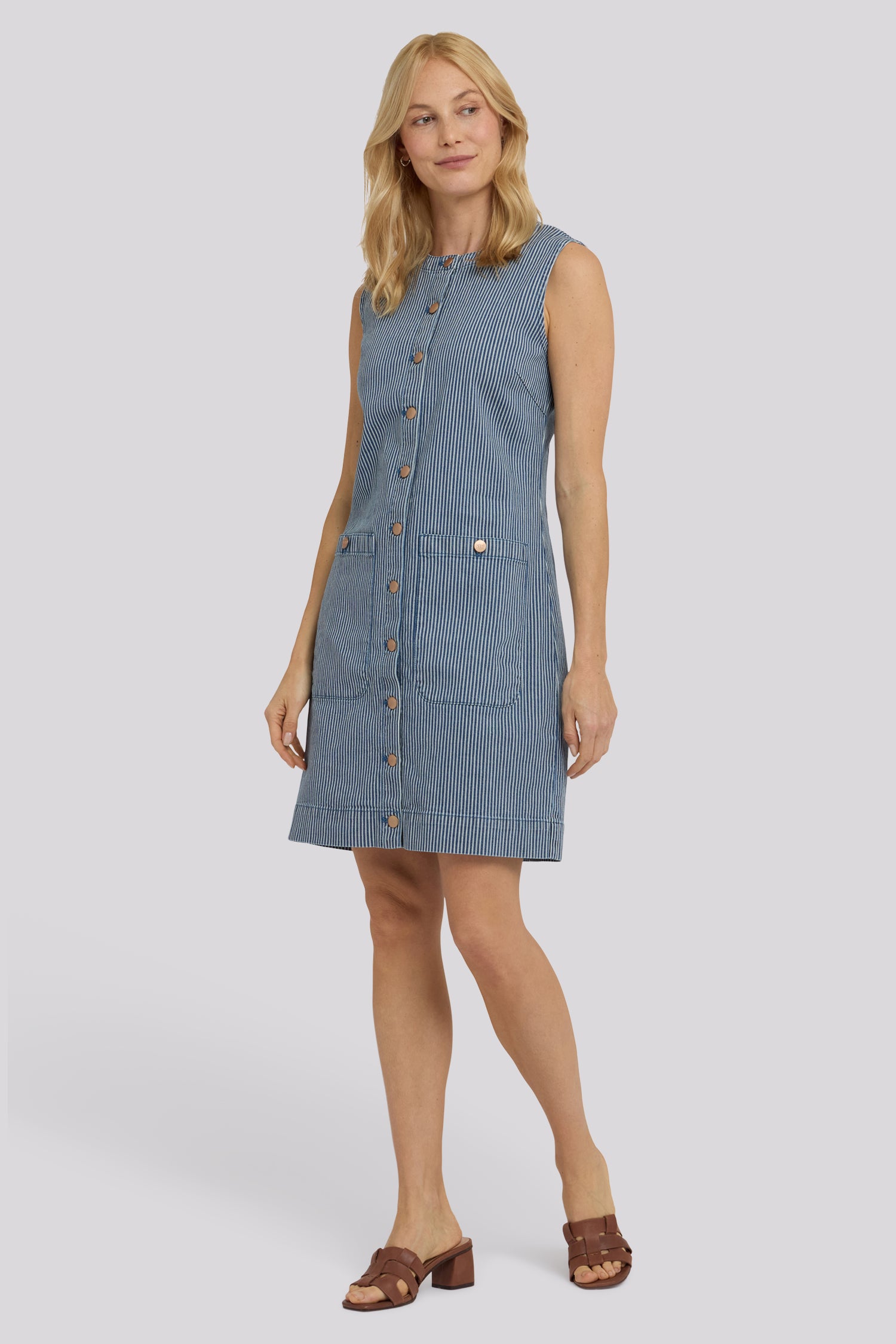 NYDJ Sleeveless Denim Utility Dress  - Malaga Stripe